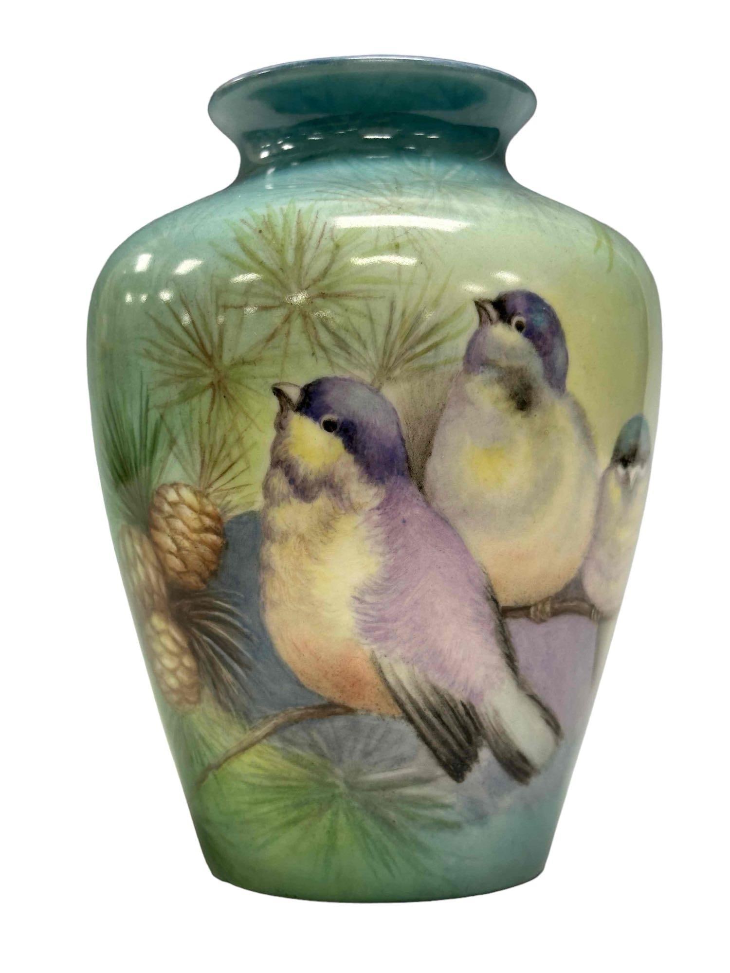 Painted Porcelain Bird and Pine Cone Art Vase (1 of 14)