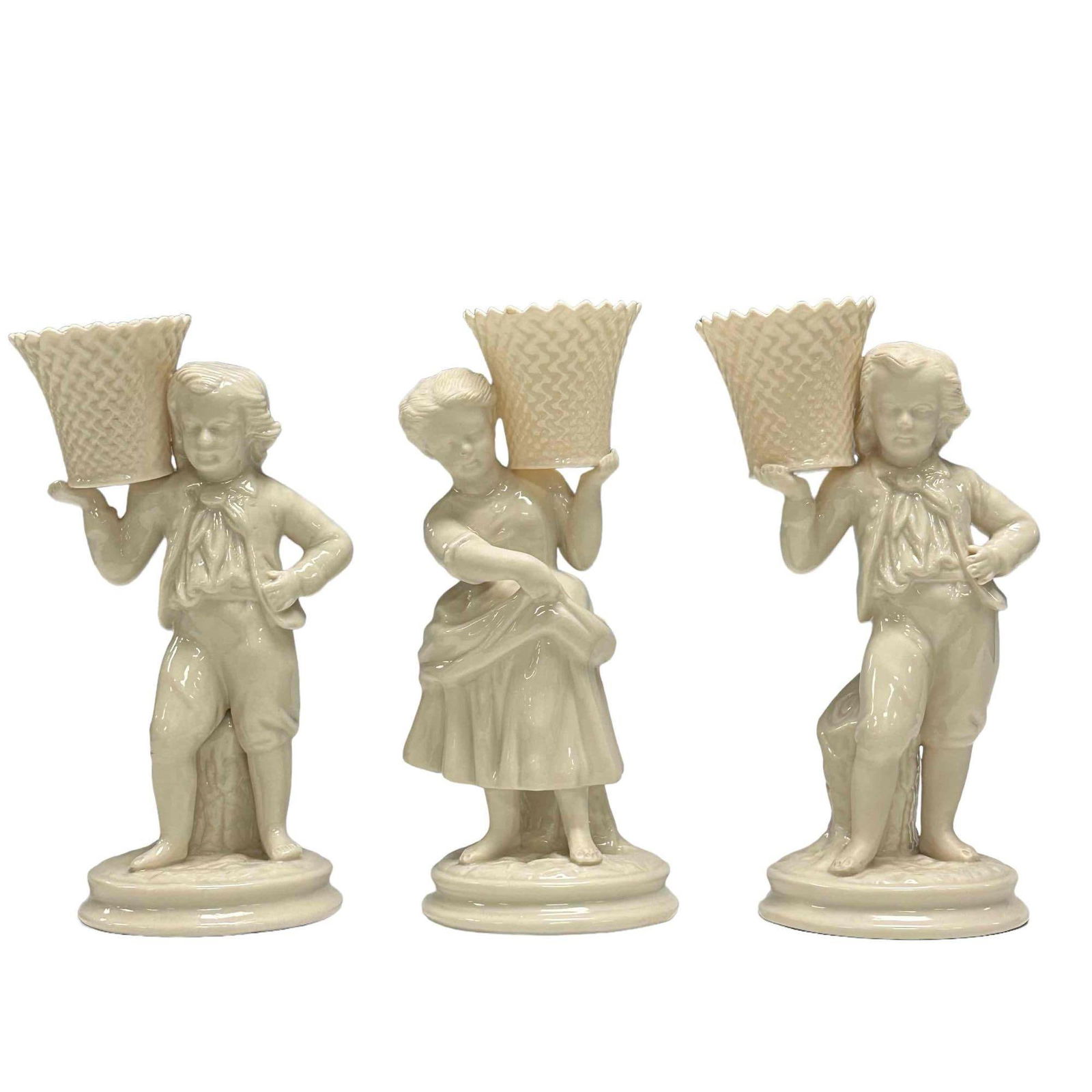 Belleek Boy & Girl Basket Carriers - Brown and Mark Signed (1 of 15)