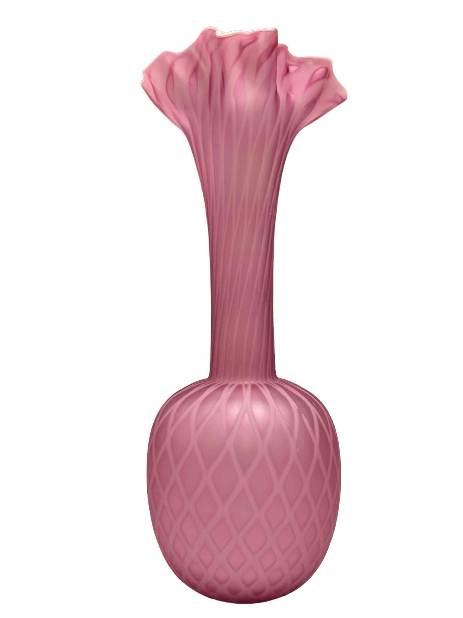 Fine Pink Satin Glass Tall Form Vase attri to Thomas Webb: Tall form diamond quilted to stretch neck formed vase with pink satin finish and ruffled pinched form top. measuring approx 13" tall. Good condition as shown, see photos