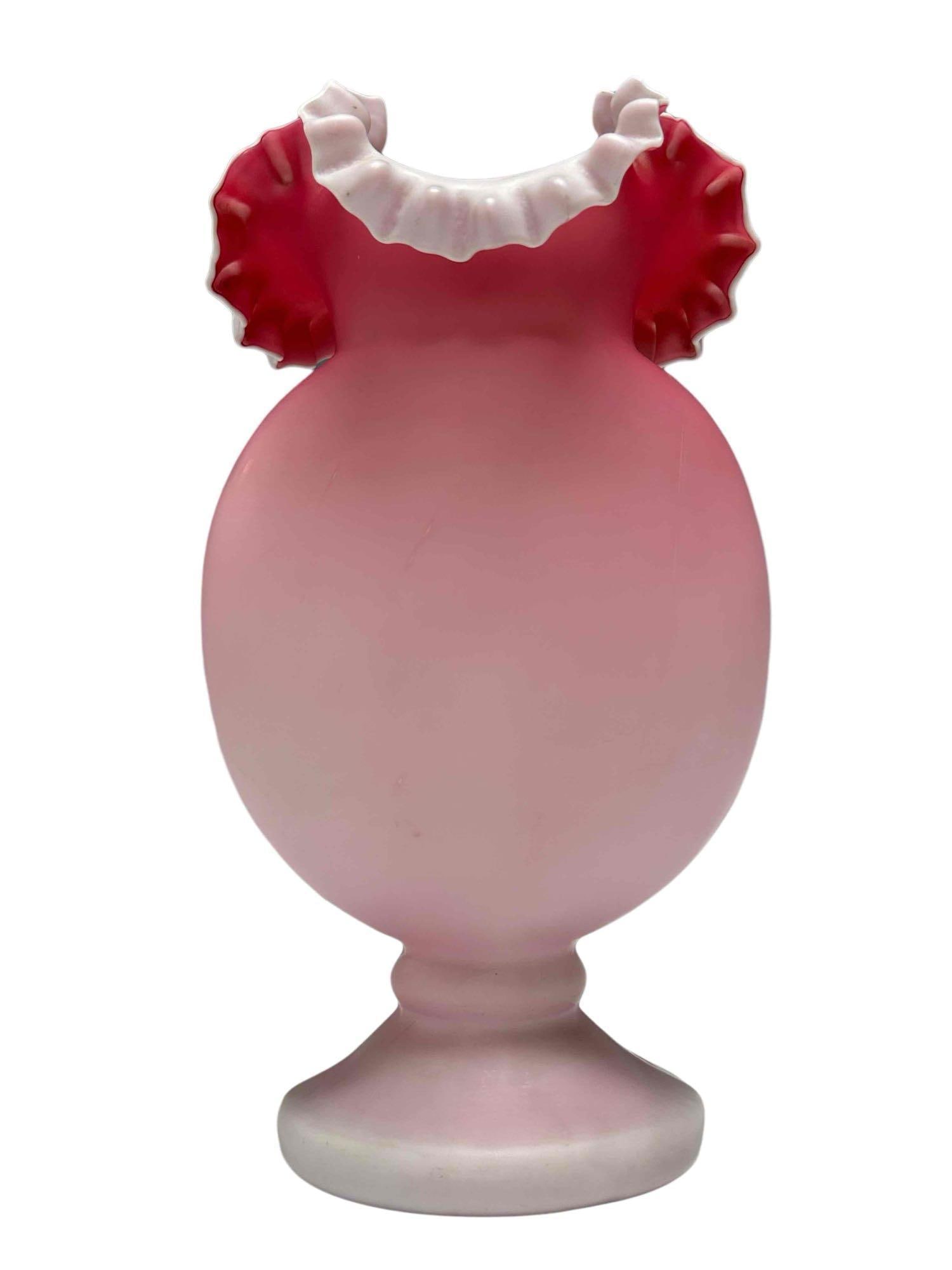 Pink Stain Glass Pedestal Vase: Measuring approx 10.5" tall. Overall condition is good, light dust soil.