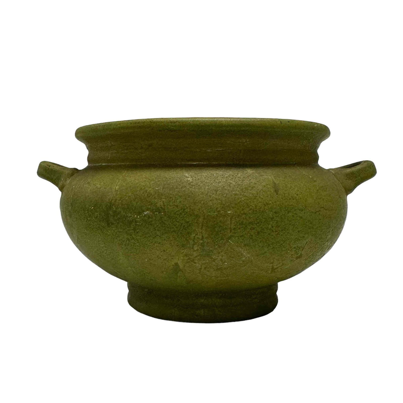 Early Roseville Pottery Carnelian Matte Green Planter: Early 20th century Roseville urn jardiniere/planter glazed in matte mottled green. Measuring approx. 3.25" tall by 7" wide. In very good condition with original Roseville Pottery sticker on bottom, se