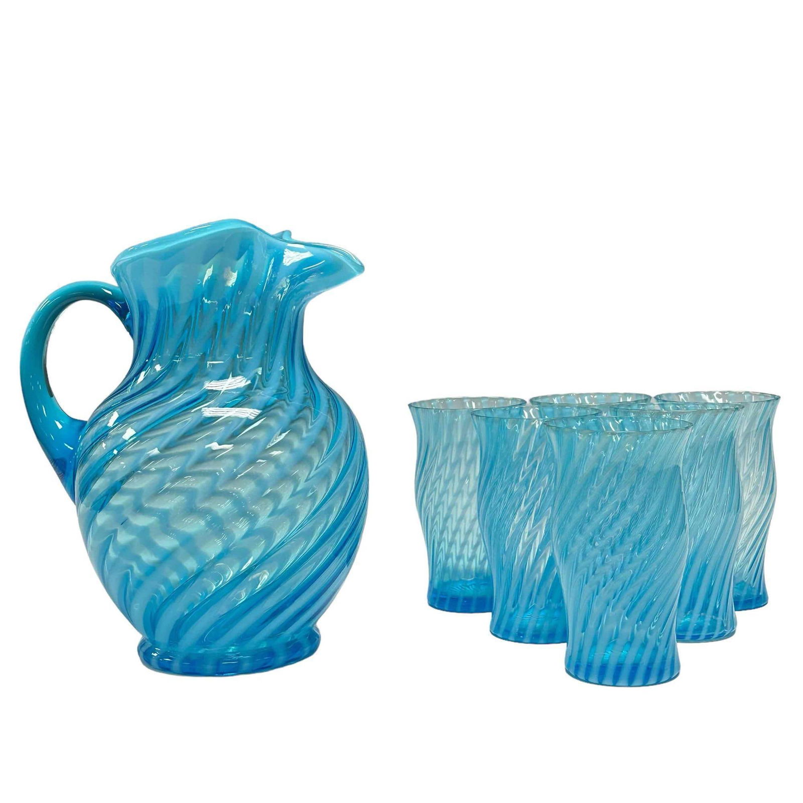 7pc Blue Opalescent Swirl Victorian Art Glass Set (1 of 19)