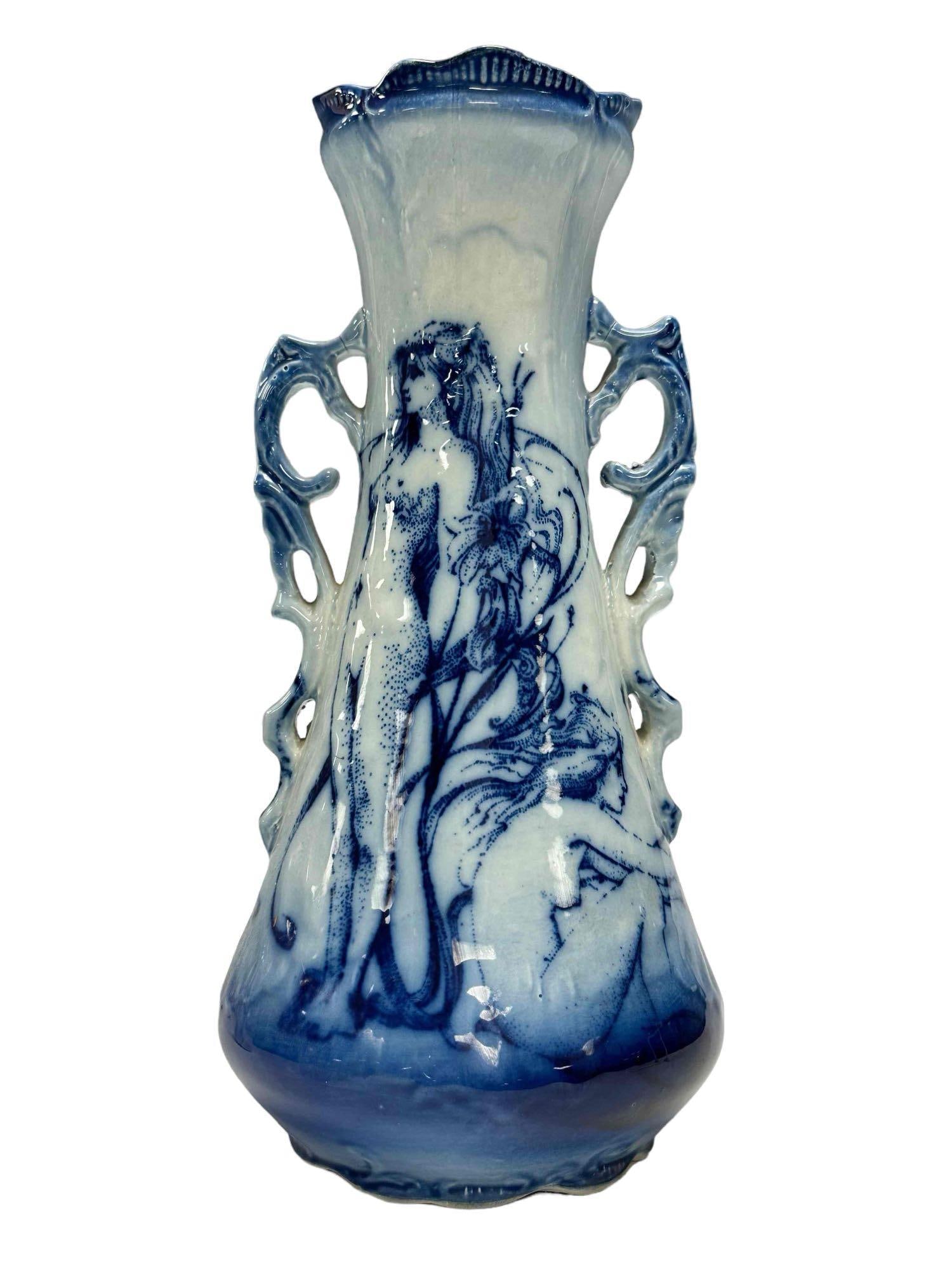 Flow Blue Porcelain Vase with Art Nouveau Nude Nymphs: Elegance and classical measuring approx 11 3/4" tall. Unmarked, see photos for details as shown
