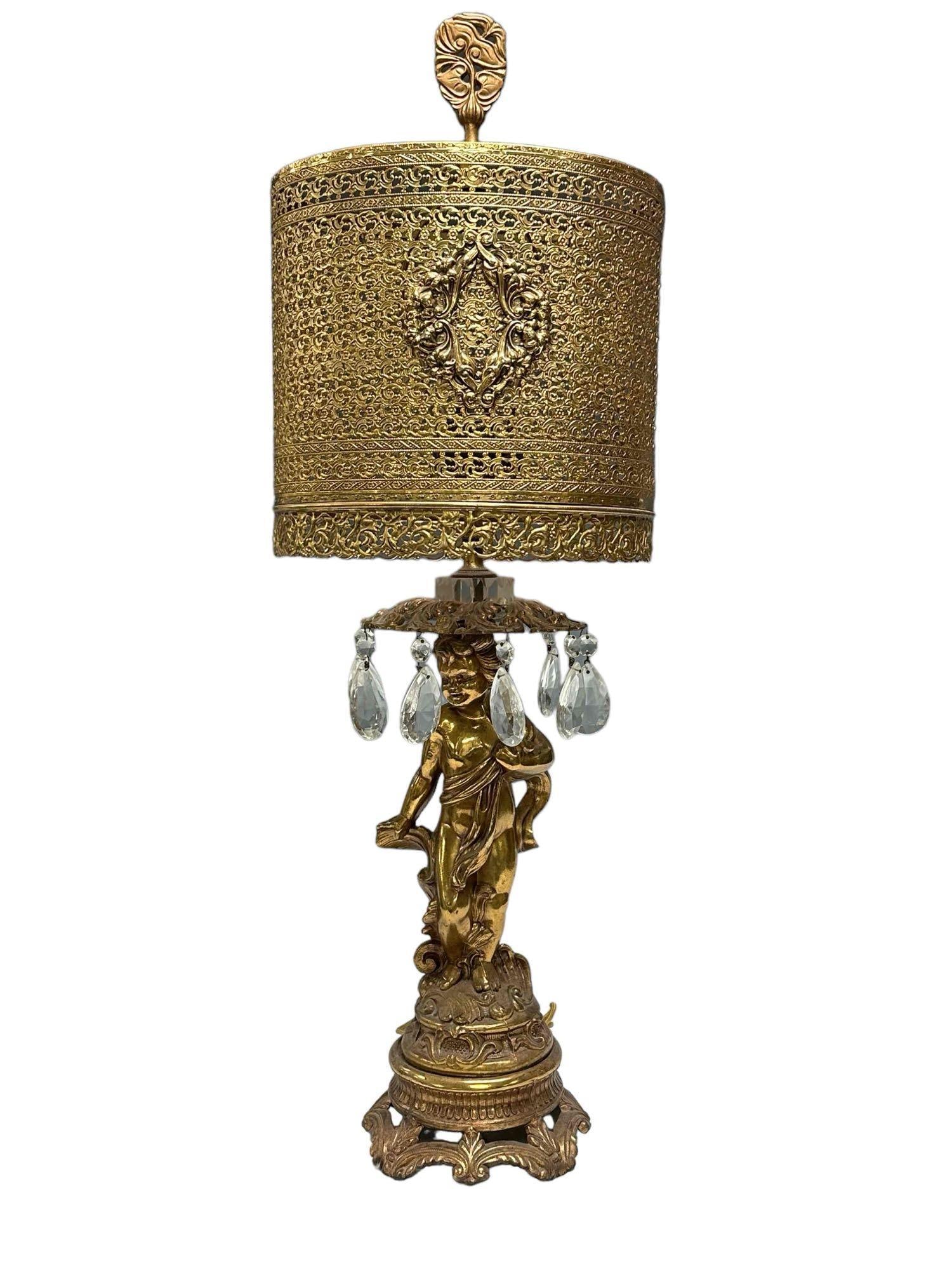 Hollywood Regency Brass Cherub Lamp with Prisms (1 of 16)