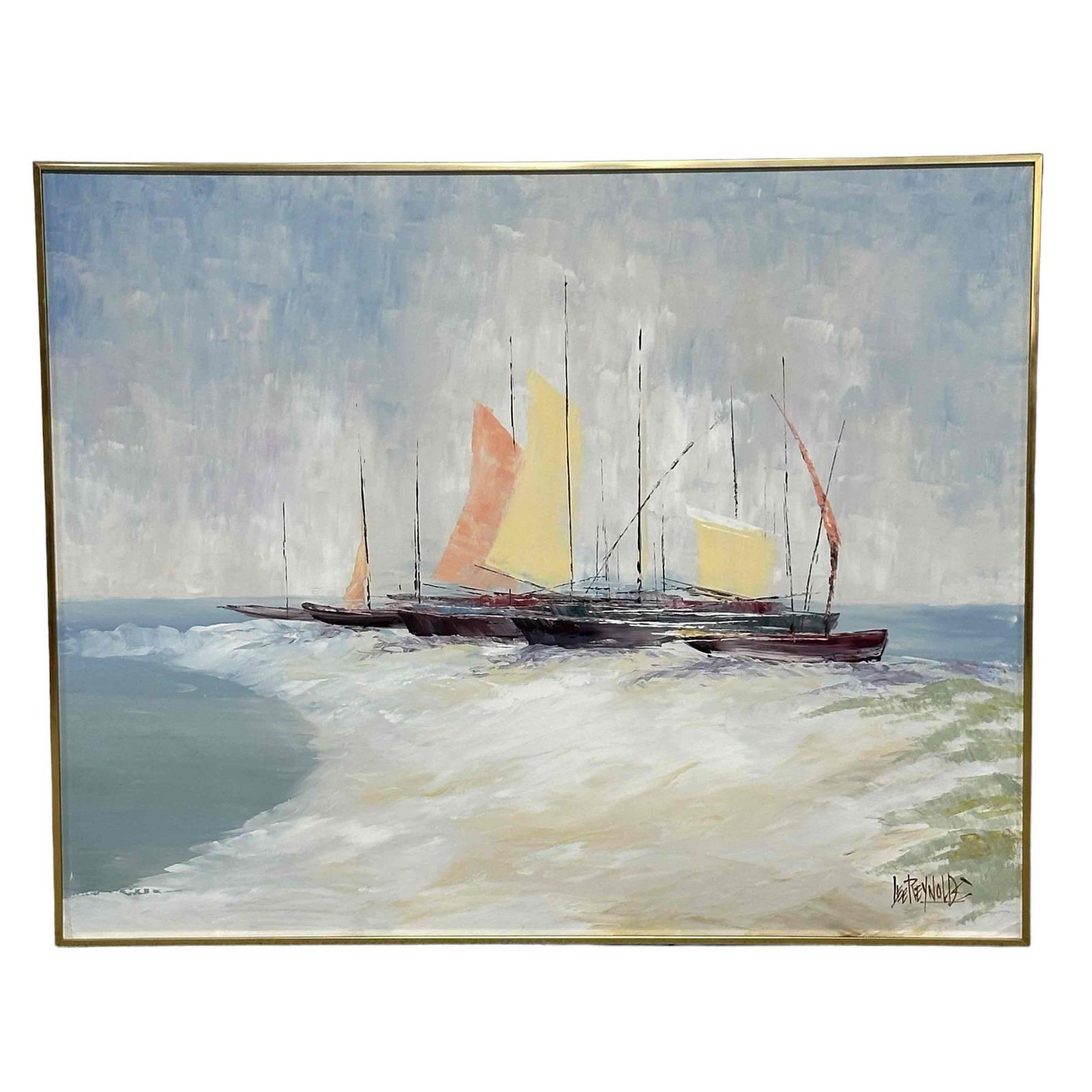 Lee Renyolds MCM Oil on Canvas: Mid century oil on canvas artist signed Lee Renyolds in lower right corner. Abstract depiction of what appears to be row of small beached sail boats. Measuring approx. 40.25" tall by 50.25" wide total