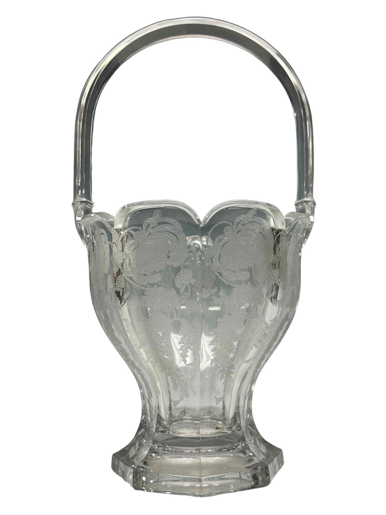 Heisey Crystal Etched Floral Basket: Handled etched Heisey basket. Measuring approx. 15". In good condition, see photos.