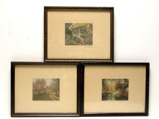 Three Wallace Nutting Prints Signed Untitled: All original on the smaller size, may have new paper on back of two. Images of 3'' x 3 3/4''. All signed and untitled. Holly Garden with small water mark on bottom, image, Gorgeous May very good blemi