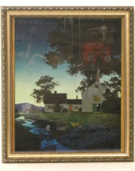 Maxfield Parrish Framed Print Twilight: Vintage Print of Farmhouse and Stream as Evening Falls. Offset Lithograph. Condition excellent reframed. Brown & Bigelow Calendar, 1937, Maxfield Parrish 1955 is located in the lower left corner. Fram