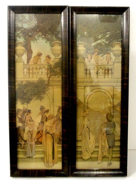Two Maxfield Parrish Prints Untitled & Unsigned: Both in original frames with new paper backing. Condition oe excellent one with water stain 1/3 up from bottom, almost appears like shadow. Frame size 12 1/4'' x 4''.
