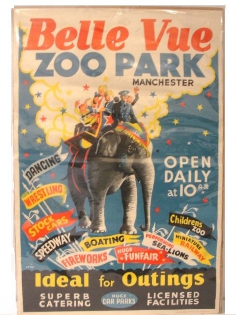 Belle Vue Zoo Advertizing Poster Manchester: Great Litho poster with vivid colors and graphic's. Displaying an Elephant riding kids, banners of all events to attend at park. Marked Lane on left side, bottom right Electric Modern Printing Co. Ltd