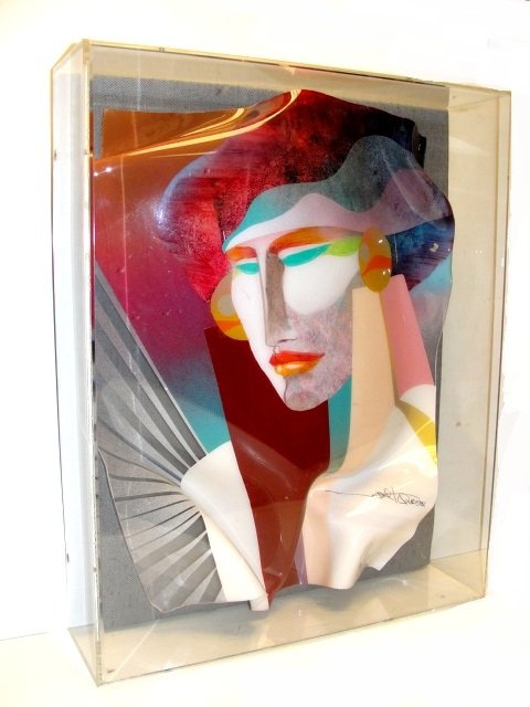 Ned Moulton, American (20th C): Modernist: Profile of Art deco style lady, Molten Glass (painted warp Plexiglas), signed and dated 1986, encased in Plexiglas shadow box. H. 20 1/2 w. 16'' d. 4 1/2''. Condition excellent.