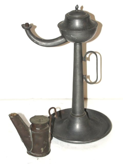 Pewter Whale Oil Lamp - Brass Miners Lamp: Whale oil lamp in good condition .H. 9 3/4'' Dia. 5''. Miners lamp has your normal dings & dents, appears old repair on spout or was there originally ?. 3' Tall