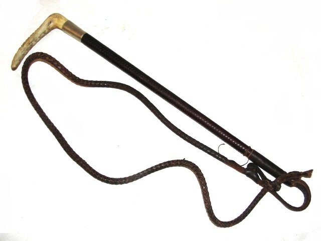 Ladies Hunt Whip With Carved Bone Handle: Not sure if itÕs a Ladies hunt whip or bull whip. Condition very good. Collar stamped Made In England-Fiberglass-Another name appears to be Zaier ? At top of collar, possibly owner name. Having carve