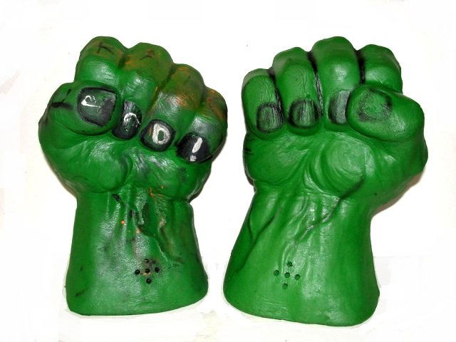 Incredible Hulk Smash Fists Hands Battery Op.: Incredible Hulk battery-operated foam hands. They measure a good 12 inches long, 8 inches wide at the fist, and about 6 or 7 inches thick. Each hand requires two AAA batteries (not included) to operat