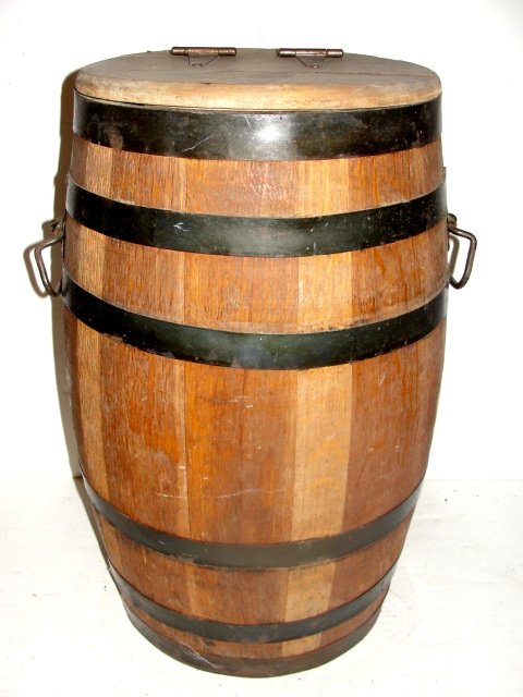 Country Quarter Sawn Oak Barrel Feed Bin: In excellent original condition. 22'' x 13''. ''Betty S. Horton Estate''