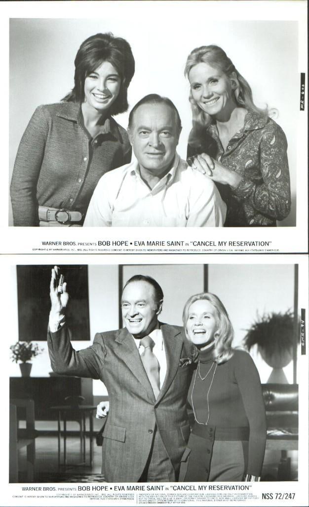 Bob Hope - Cancel My Reservation - original stills: 1972, 8x10, U.S., Warner Bros., Qty. 20, B+ condition With Eva Marie Saint, Anne Archer, Ralph Bellamy, Chief Dan George, Forrest Tucker, Keenan Wynn Comedy