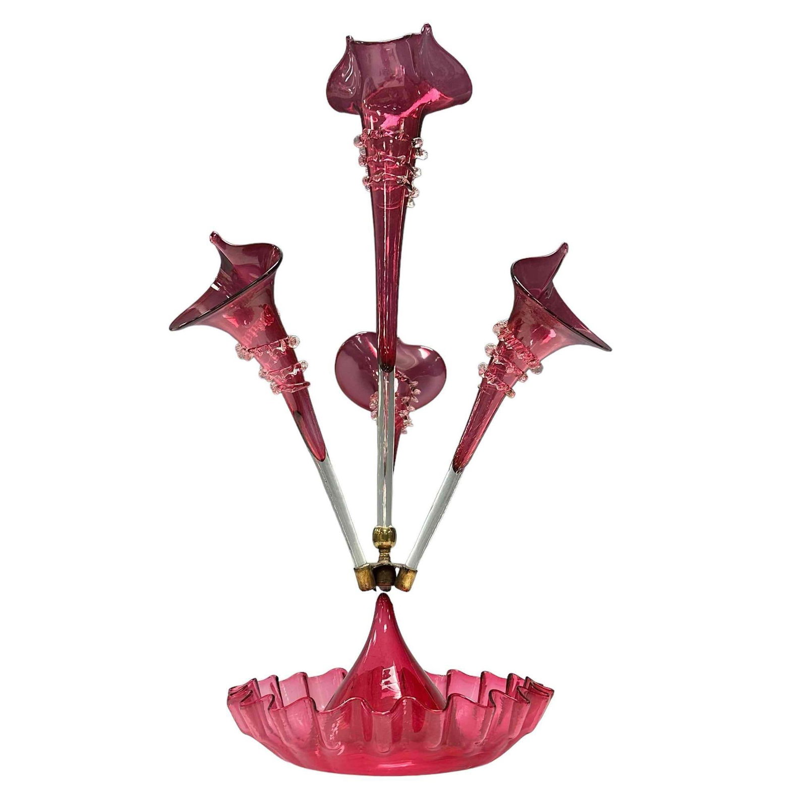 19th C. Victorian Cranberry Art Glass 4 Horn Flower Epergne (1 of 20)