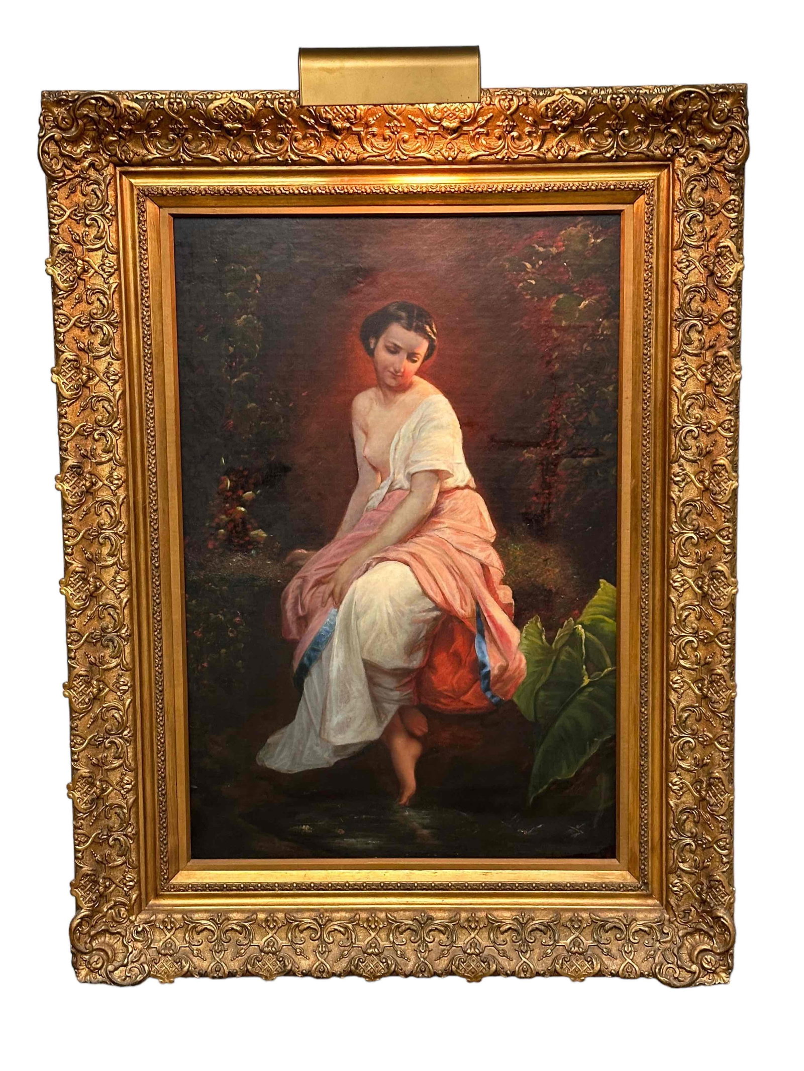 A Fine Thomas Couture Semi Nude Female Oil Painting: After Thomas Couture (French 1815-1879) Female Nude oil painting. Oil painting on artisan board and set in period 19th century frame. Unsigned and measuring approx 46" h x 34" w overall including the 