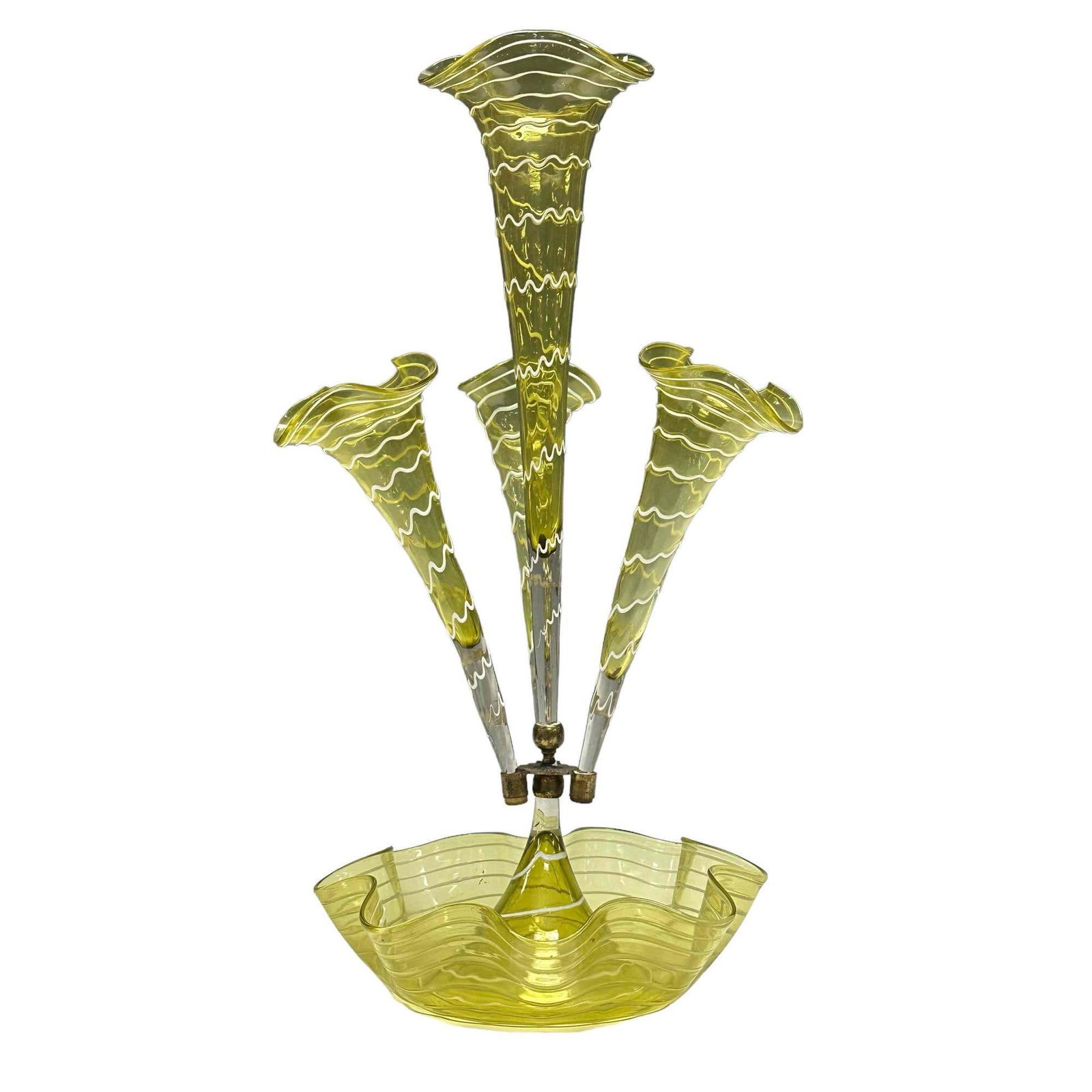 Green Victorian Four Lily Art Glass Epergne with Thread Enamel: 19th century English Victorian Art glass four trumpet horn flower epergne centerpiece. Green art glass with white thread enamel work throughout. Extremely attractive. Mid 19th century. Measuring appro