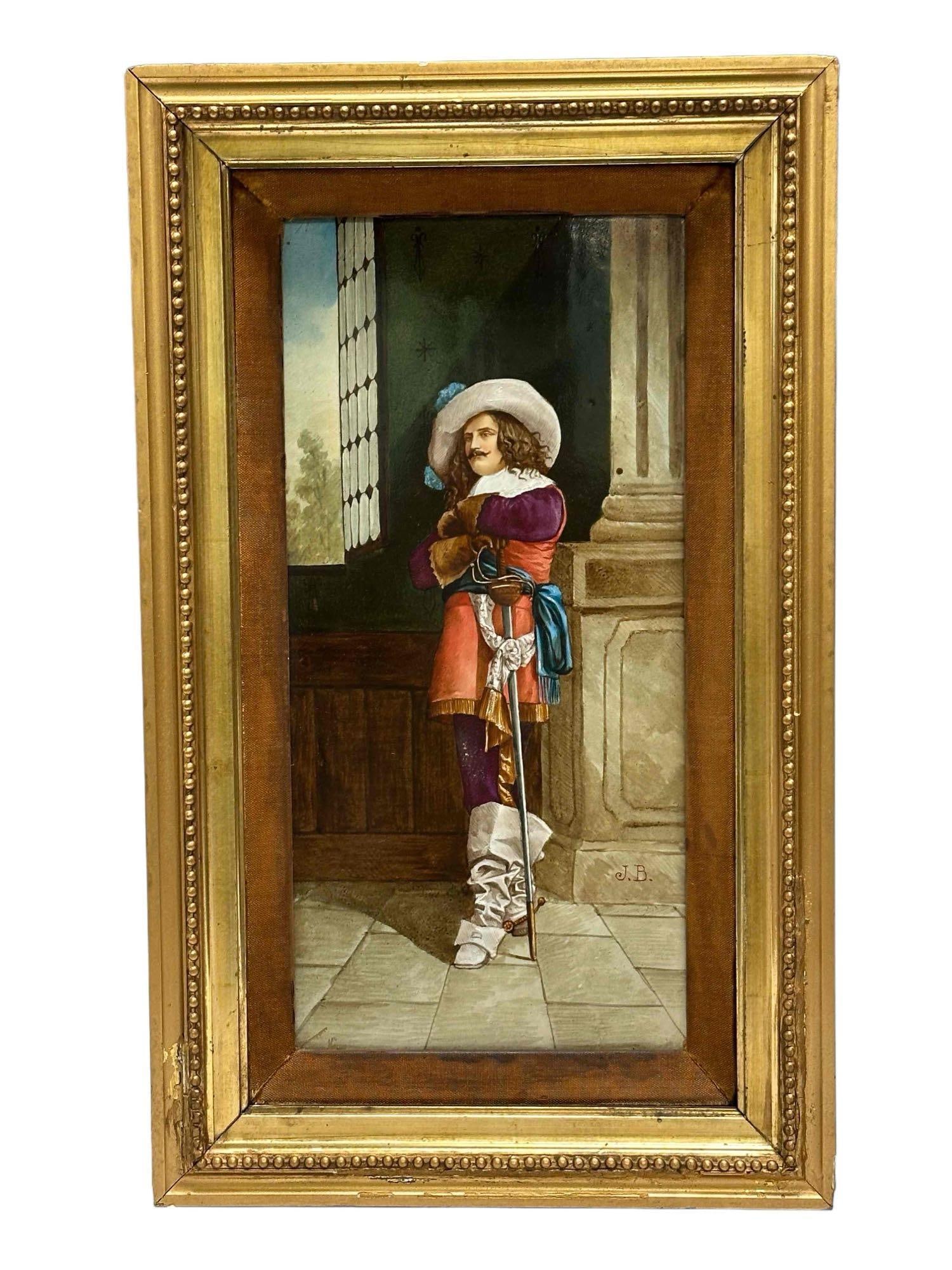 JB Antique Porcelain Painted Plaque of Cavalier: Polychromed porcelain plaque of a noble couple strolling together, signed J.B. (probably J. B. Bailly, French, late 19th century) to the lower right corner, in wood frame. Measuring approx 17-1/4" x 1