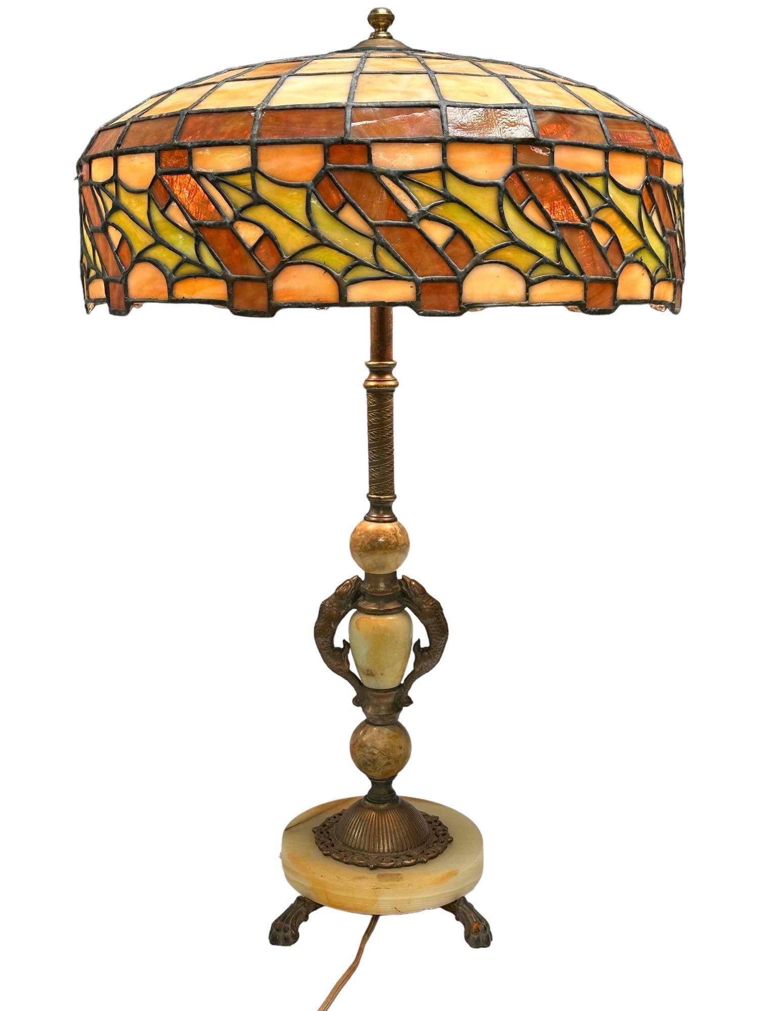 Art Deco Oak Leaf Leaded Glass Lamp on Alabaster Base (1 of 20)