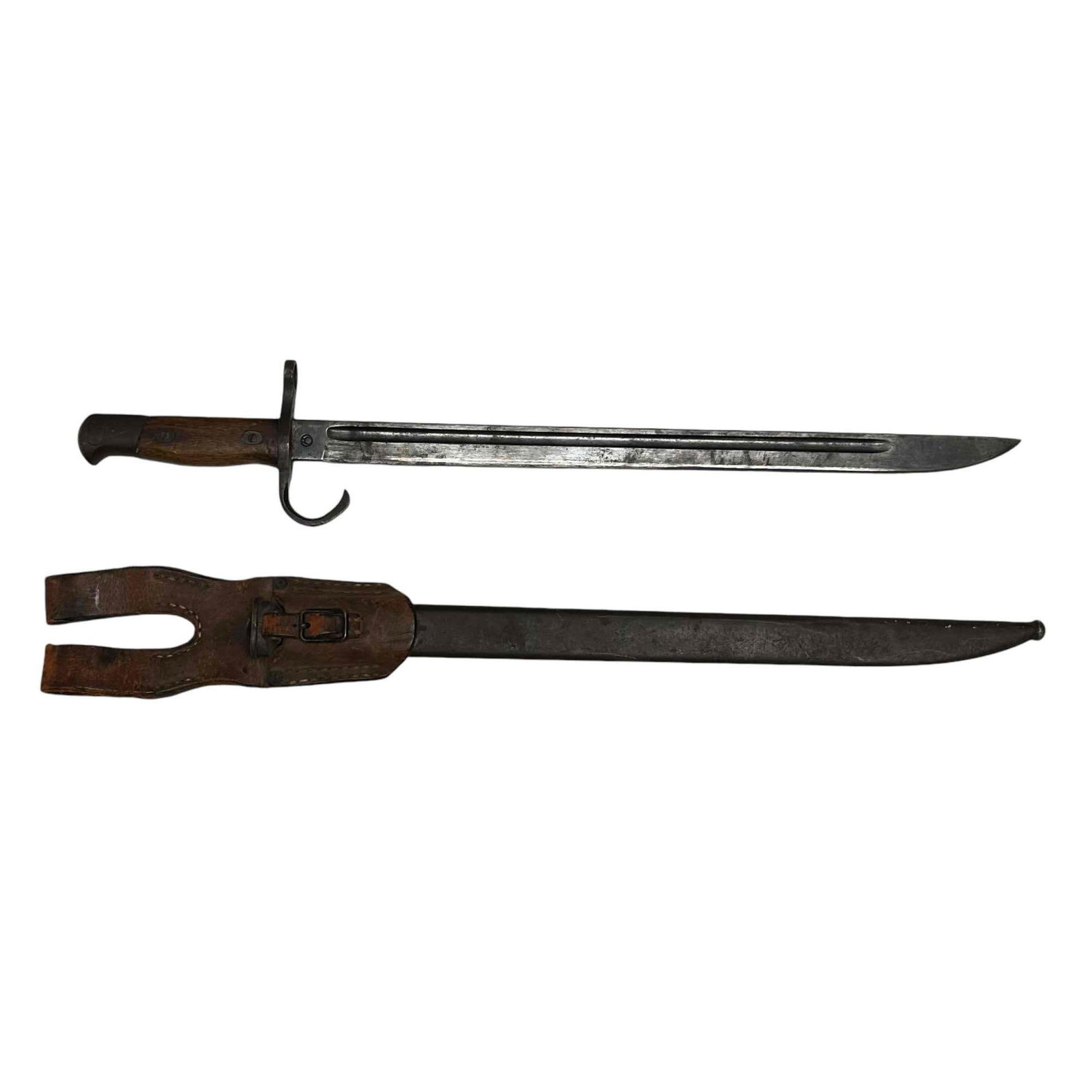 Japanese WW2 Type 30 Bayonet: Japanese Type 30 bayonet with hooked quillion. Fits on Arisaka Type 99 Rifle. Measures 21" long in sheath, bayonet is 20" with a 15.5" blade. There is an emblem suggesting Nagoya Arsenal on the right 