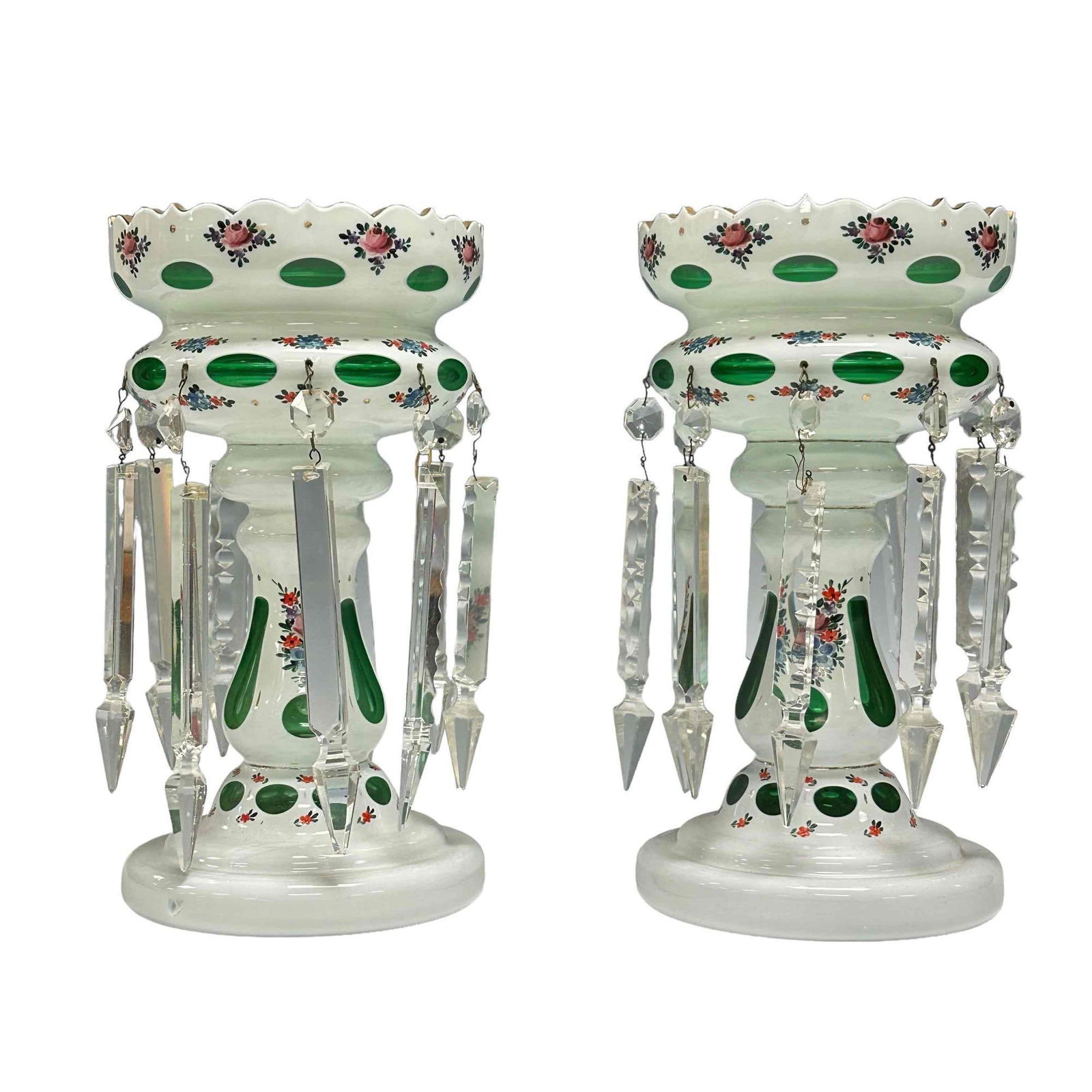 (2 Pc) Czech Bohemian Glass Mantle Lusters: White overlay over green, measuring approx 13" tall. Double hung long drop crystal prisms (two styles as shown). Overall in good condition, see photos
