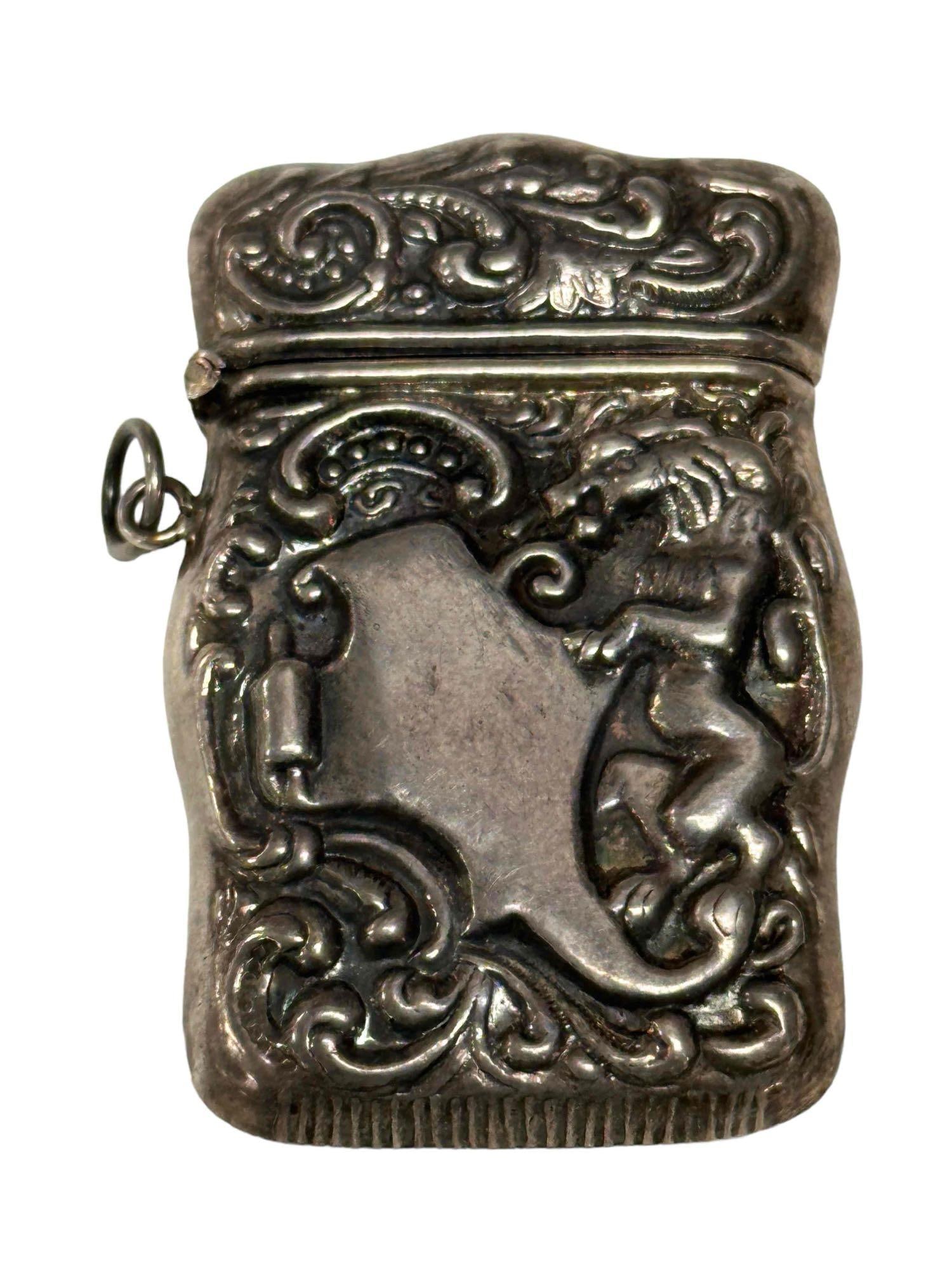 Sterling Silver Repousse Match Safe with Griffin (1 of 11)