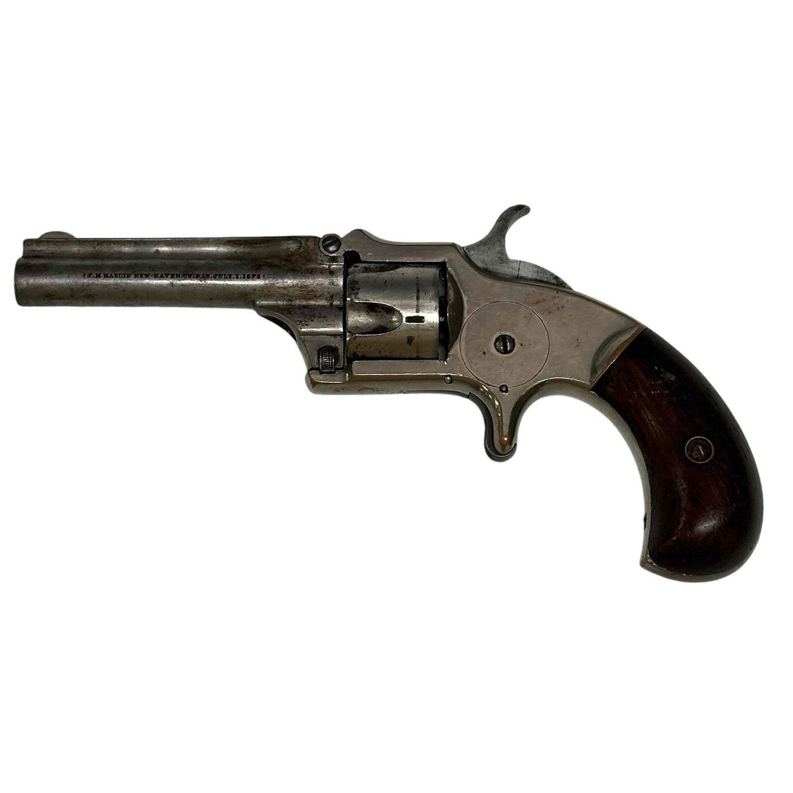 Marlin XXX Standard 1872 Pocket Revolver: Marlin Standard XXX 1872 Pocket Revolver. Overall good condition, light gray patina, no pitting but some light scratching. Retains most of the original nickel. Barrel is smooth with the brand markings
