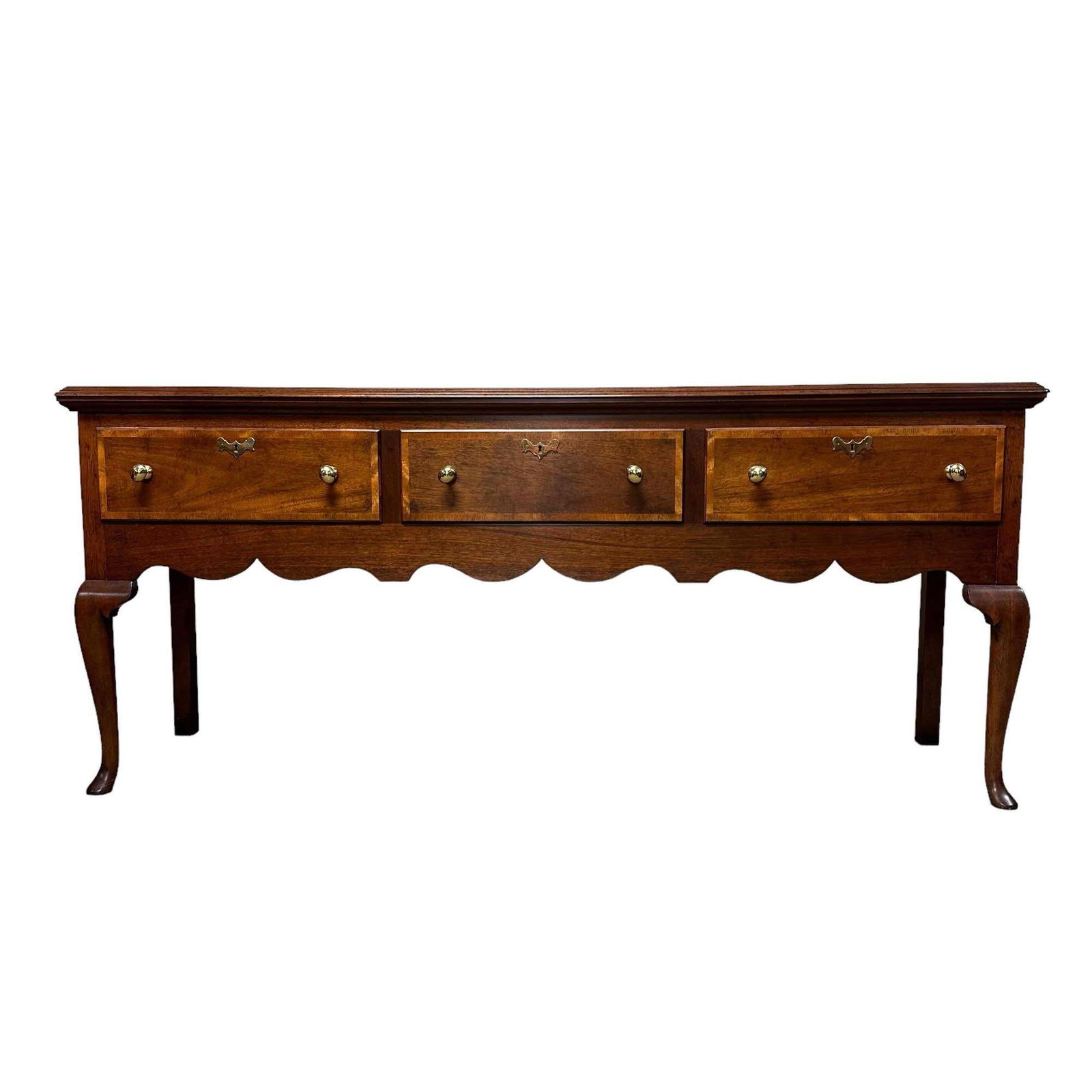 Henkel Harris Queen Anne Style Mahogany Sideboard: Henkel Harris Virginia Galleries Queen Anne style mahogany sideboard, 3 inlaid banded drawers, one with silverware insert. Measuring approx 34"h x 78"w x 22"d. Normal use and wear, consistent with age