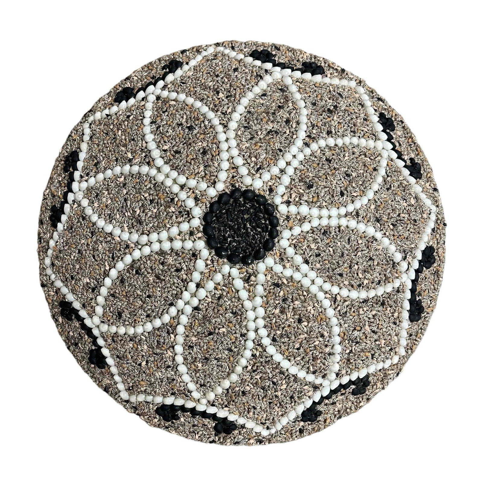20th C. Post Modern Shell Canvased Hanging Light: A very fine and intricately assembled hanging cylindrical light fixture with small shells entirely covering the frame. Possibly Maitland Smith ceiling fixture. Measuring approx 28" in diameter. Good w