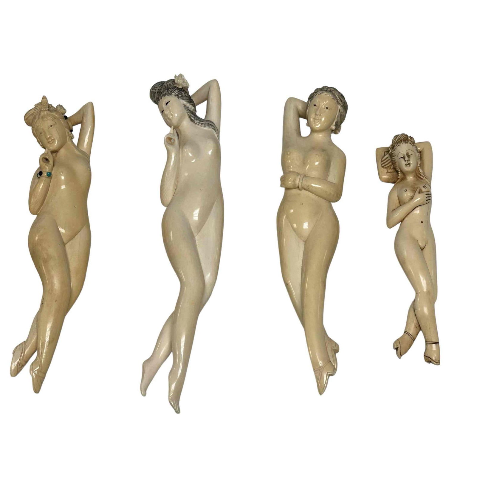 Group of Four Highly Detailed Carved Bone / Ivory Doctors Lady: Very fine and exceptionally carved Chinese reclining doctor's lady. Used for doctors office / desk for women to show where they may have pain or issues. Good condition as shown. Longest measuring appr