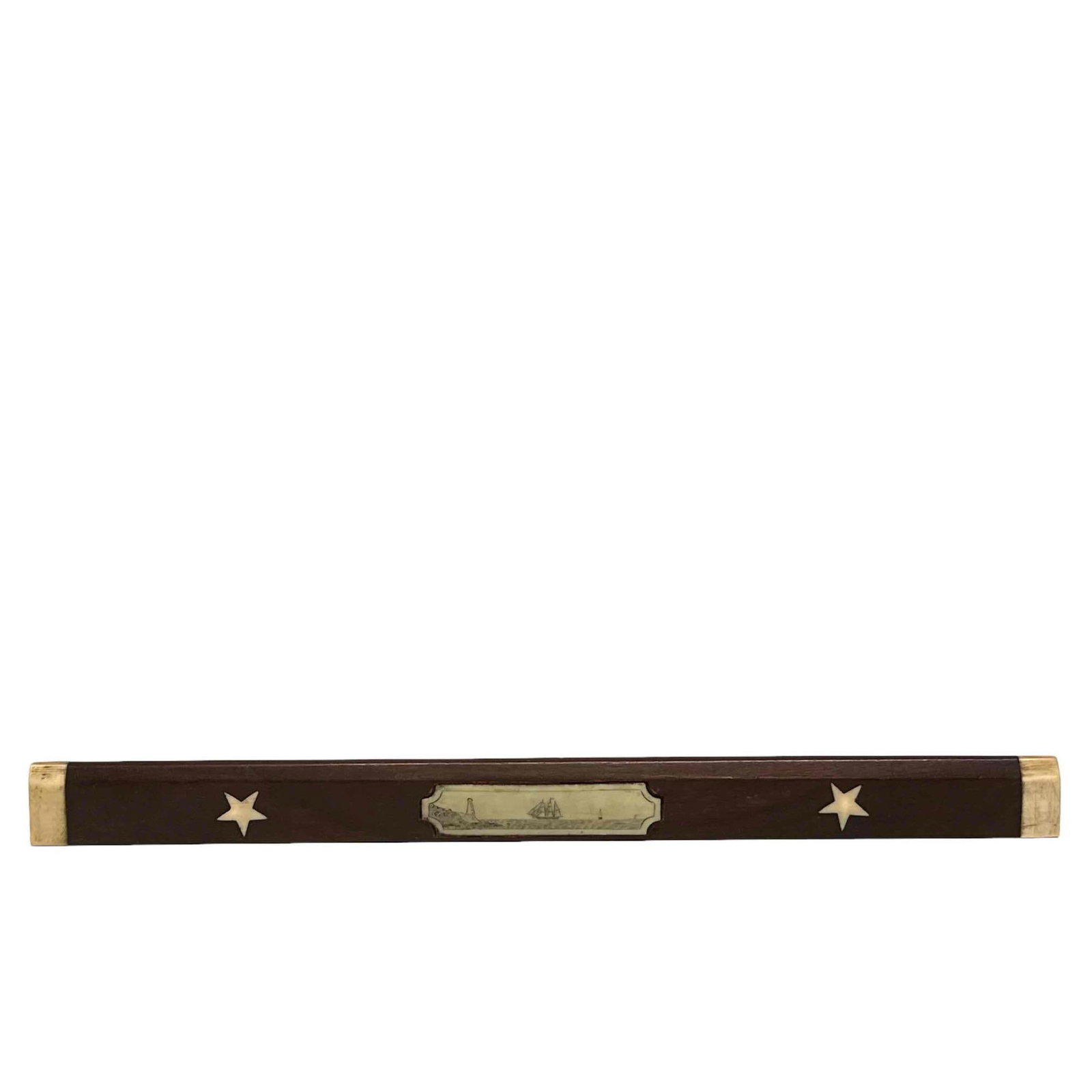 A 19th Century Sailors Straight Edge with Scrimshaw Inlay: A fine 19th century wood and whalebone decorated straight edge. Measuring approx 14" in length. Good condition as shown, see photos