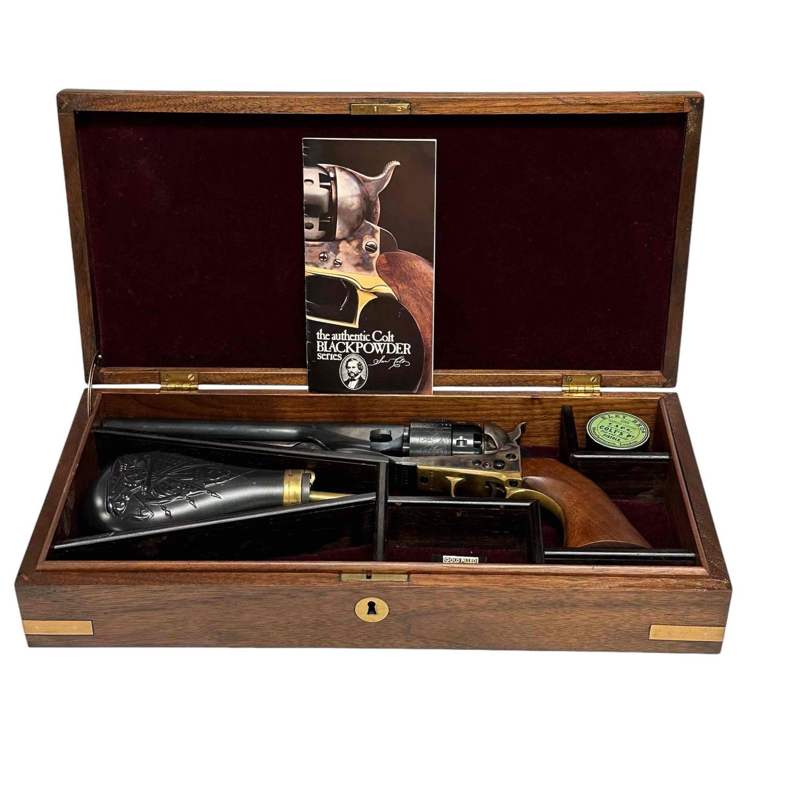 Colt 1861 Army .44 Cal. Black Powder Replica w Case: a fine rendering of the American iconic COLT Navy revolver in fitted case with accessories as shown. Later 20th century replica of 1861 Navy .44 cal revolver. See photos for details. Clean and well ma