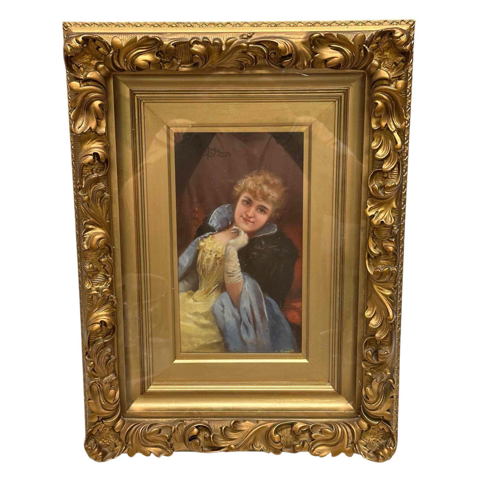 Signed 19th Century Oil on Wood Panel in Frame: A fine and well executed oil painting on wood board of an elegantly dressed young lady. Her expression brings you joy! Well Done see photos. Mounted in a wood gilt and gesso shadow box frame, Signed i