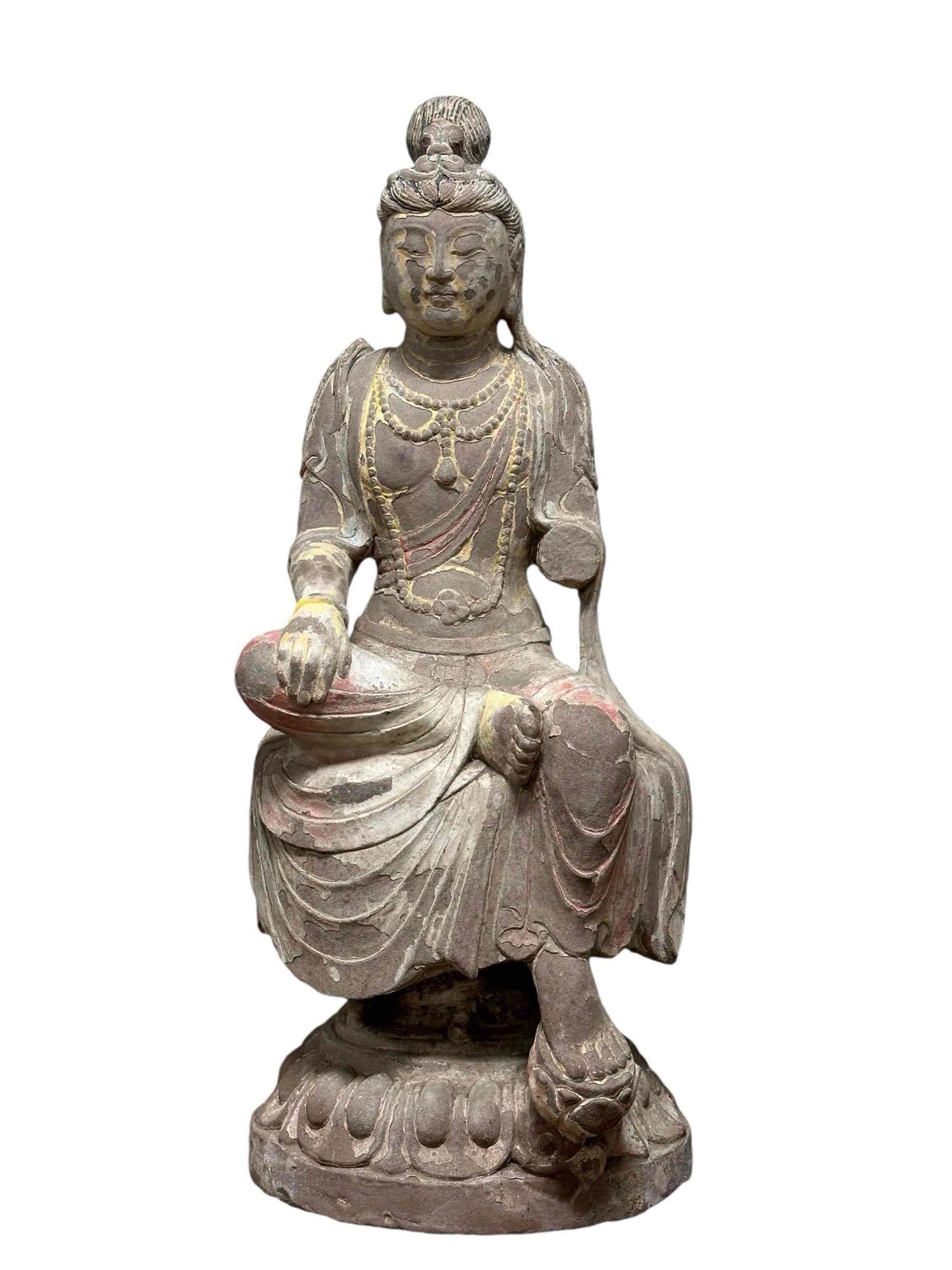 Large Heavy Carved Stone Seated Buddha Goddess Statue (1 of 20)