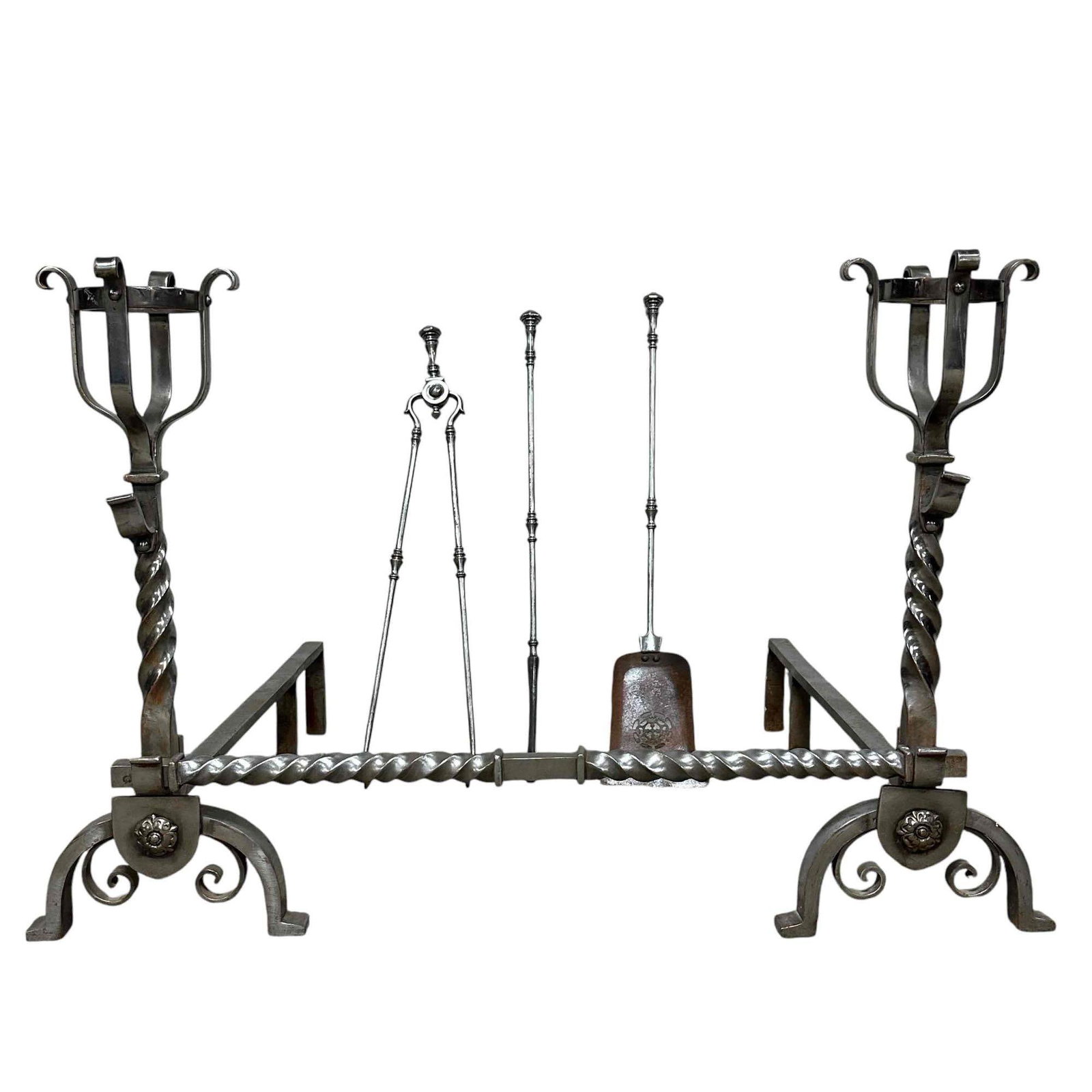 A Set of Renaissance Style Hand Wrought Steal Andirons set (1 of 14)