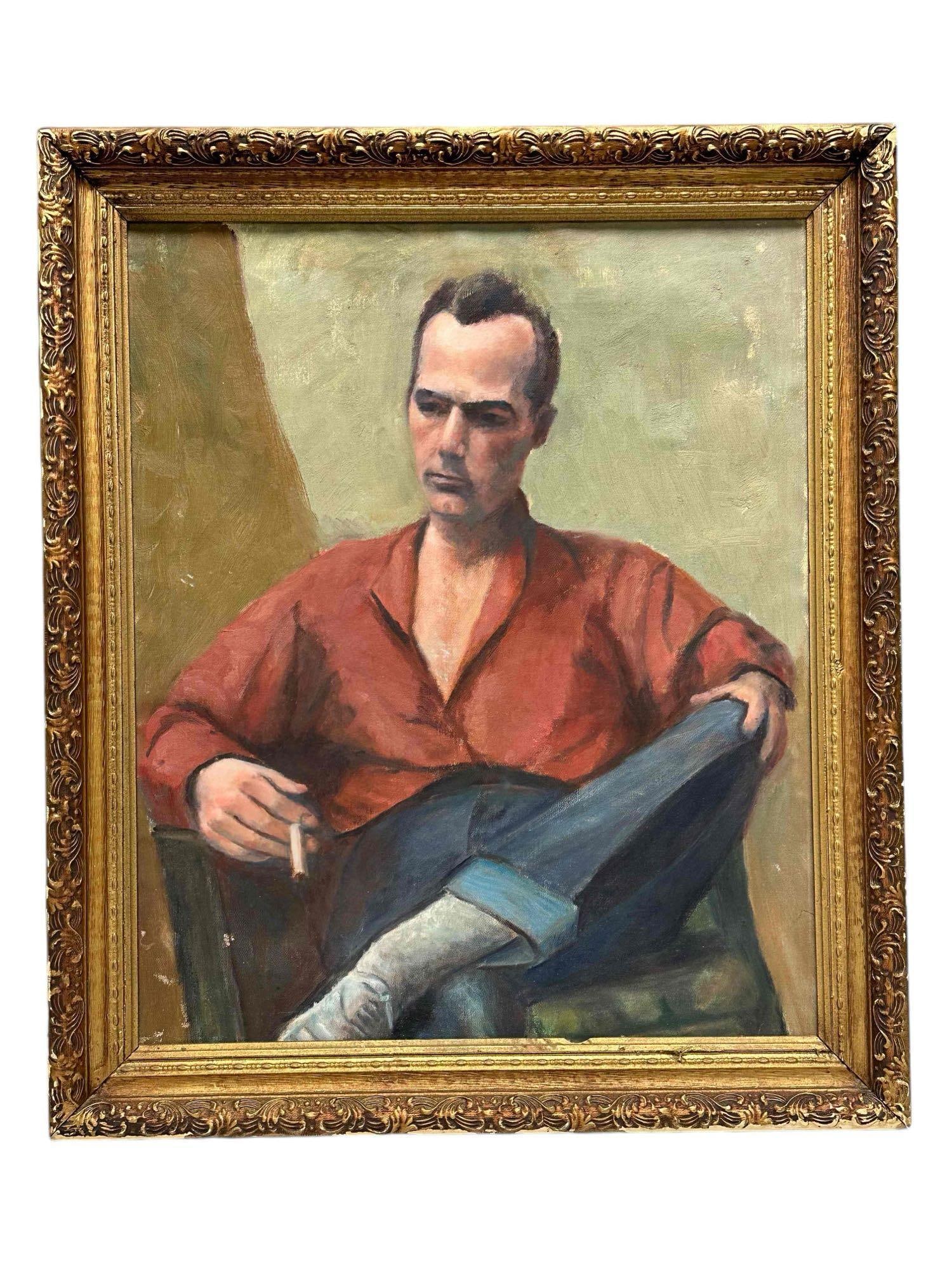 attrib Robert Brackman American Oil on Canvas: Robert Brackman, American (1898 - 1980) Oil on Canvas of a seated young man in blue jeans smoking a cigarette. Frame measures approx 28" high x 24 wide, Painting measures approx 24" high x 20" wide. L