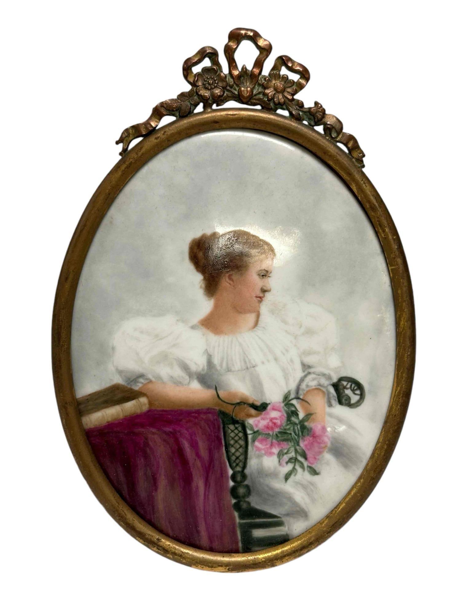 Painted Oval French Style Porcelain Plaque in Bronze Frame (1 of 10)