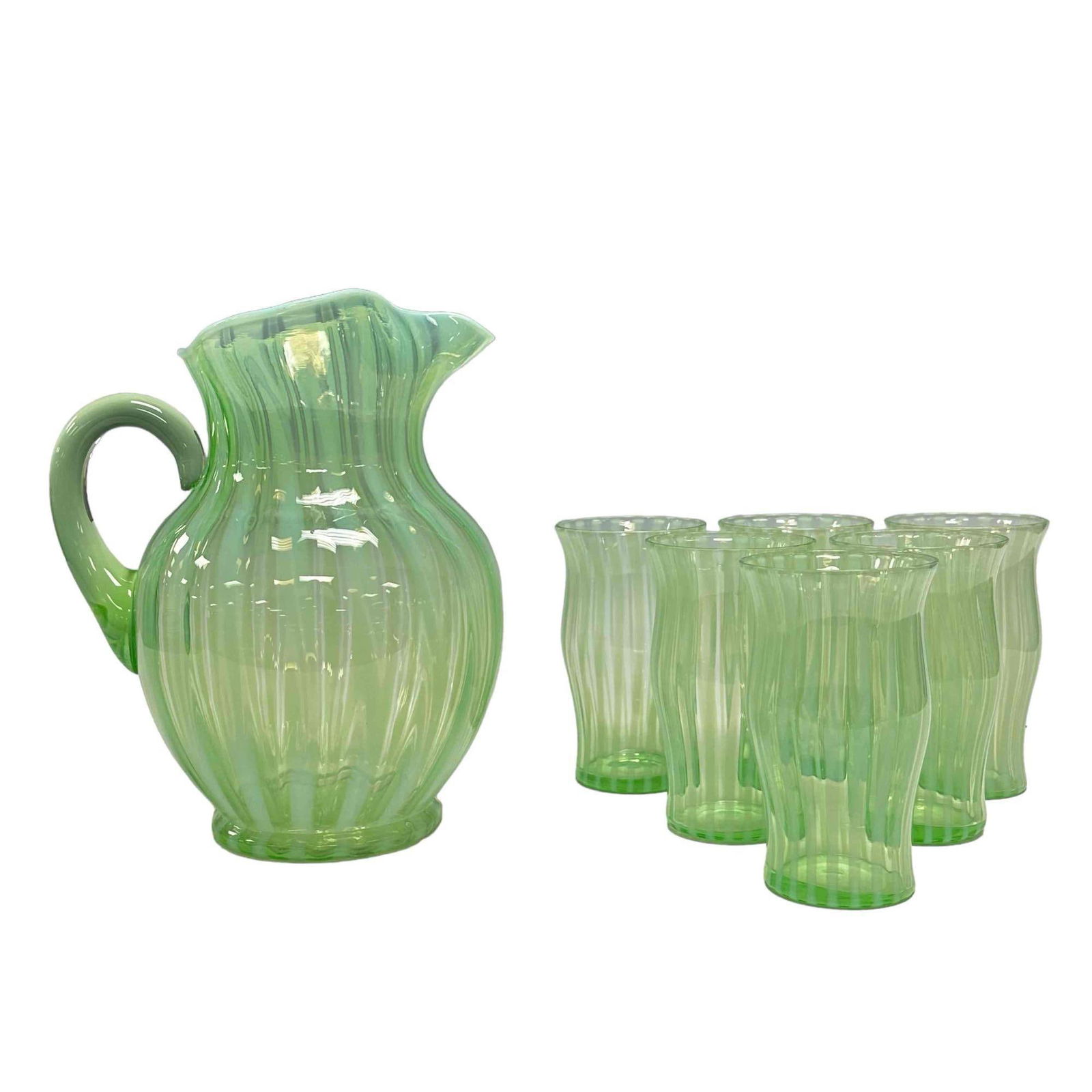 8pc Victorian Green Opalescent Art Glass Set (1 of 17)