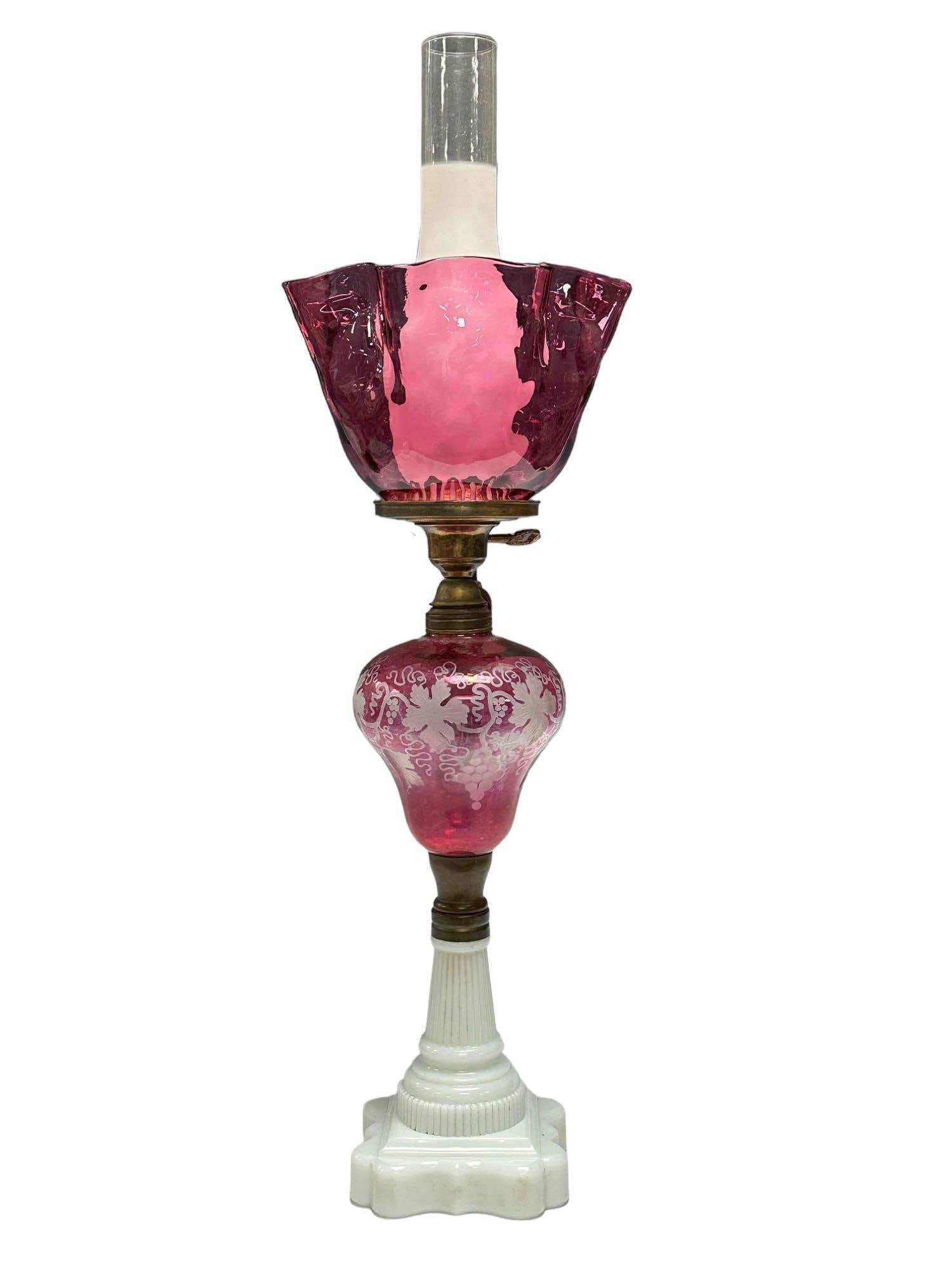 Cranberry Electrified Oil Lamp with Fenton Glass Shade (1 of 16)