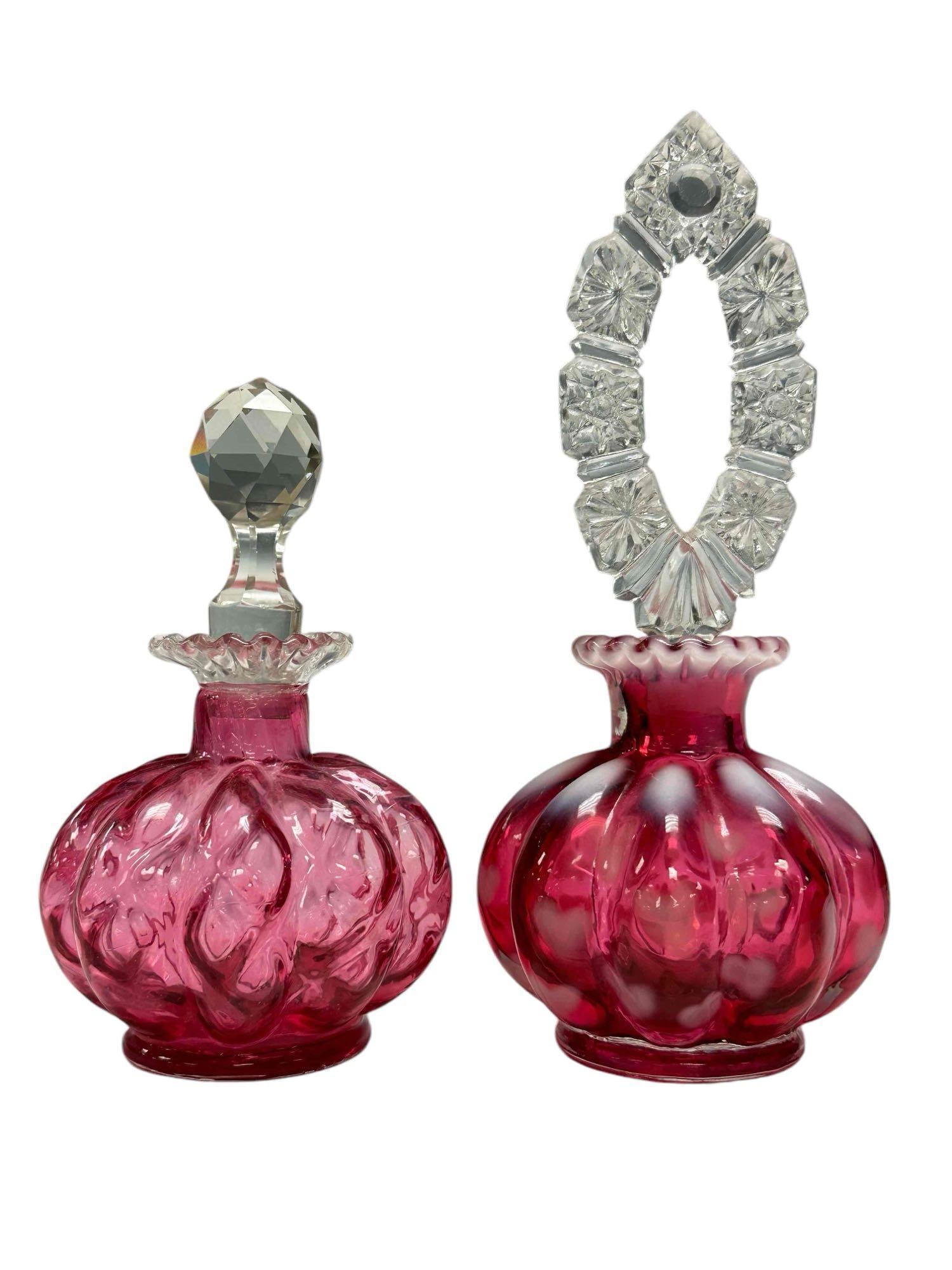(2) Victorian Cranberry Art Glass Scent Bottles w Stoppers (1 of 16)
