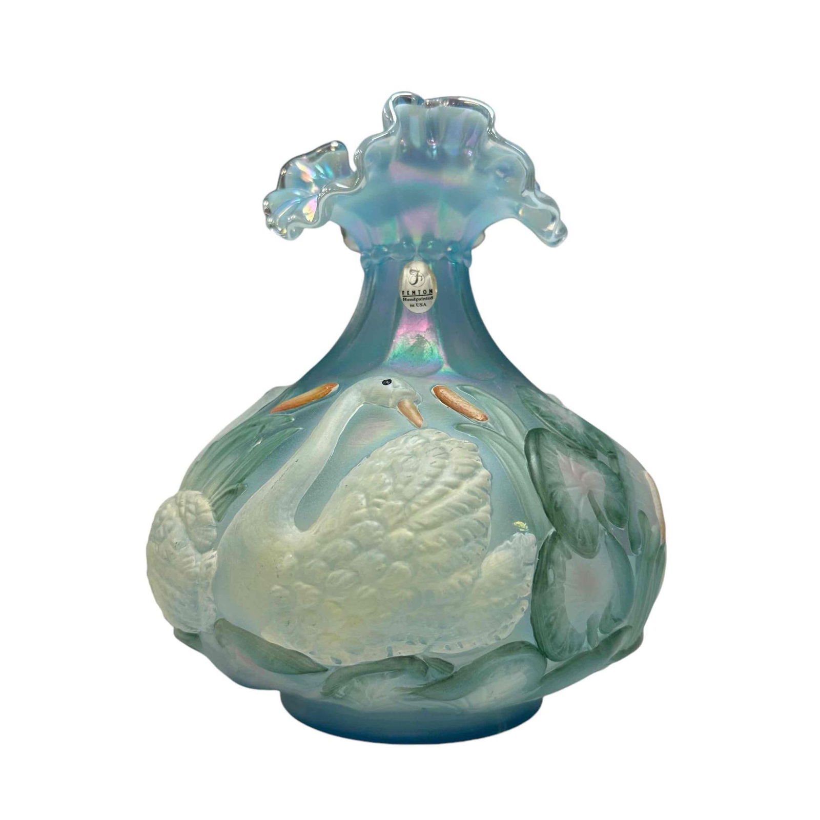 Fenton Lotus Mist Hand Painted Swan Art Glass Vase (1 of 17)