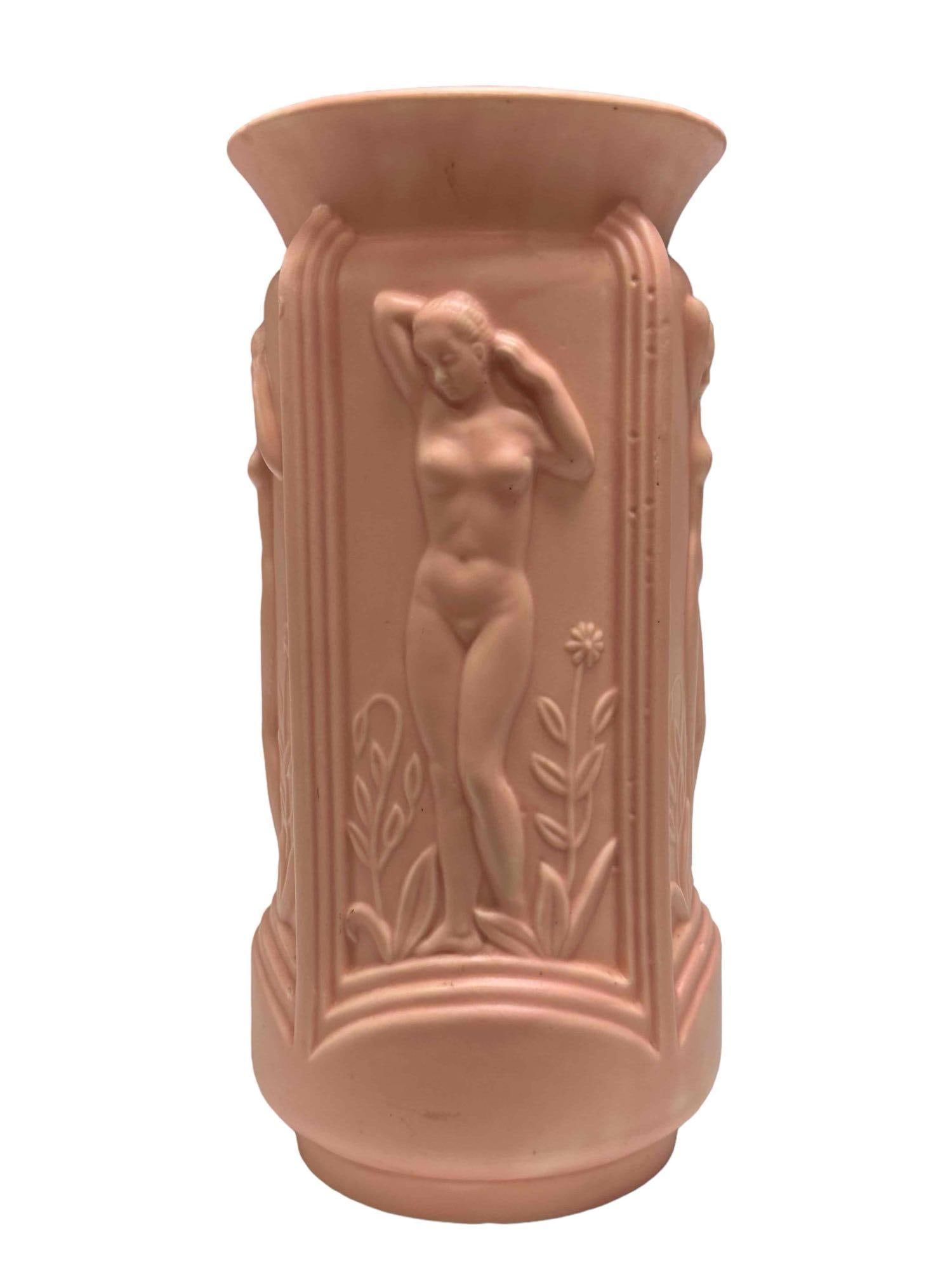 Erphila Nude Czech Art Pottery Vase: A fine Art Nouveau pottery vase with relief of standing female nudes marked Erphila Czechoslovakia and numbered 4172 on bottom as shown Measuring approx. 10" tall. Good condition see photos