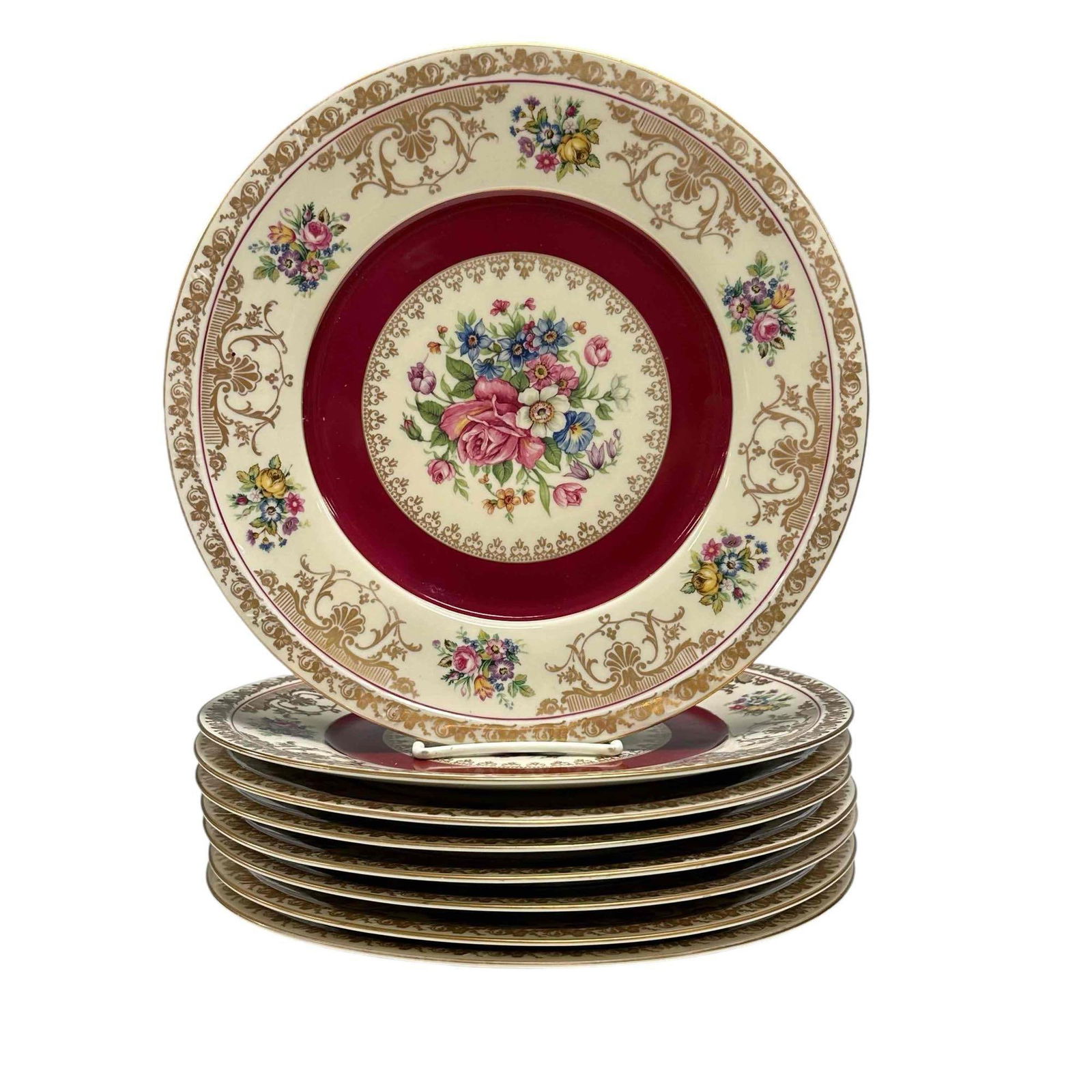 (8) Schlaggenwald Czechoslovakia Dinner Plates: Set of eight 10.75in diameter porcelain dinner plates. Full body decorated, age appropriate condition, a few rub marks on the red interior, minor, see photos