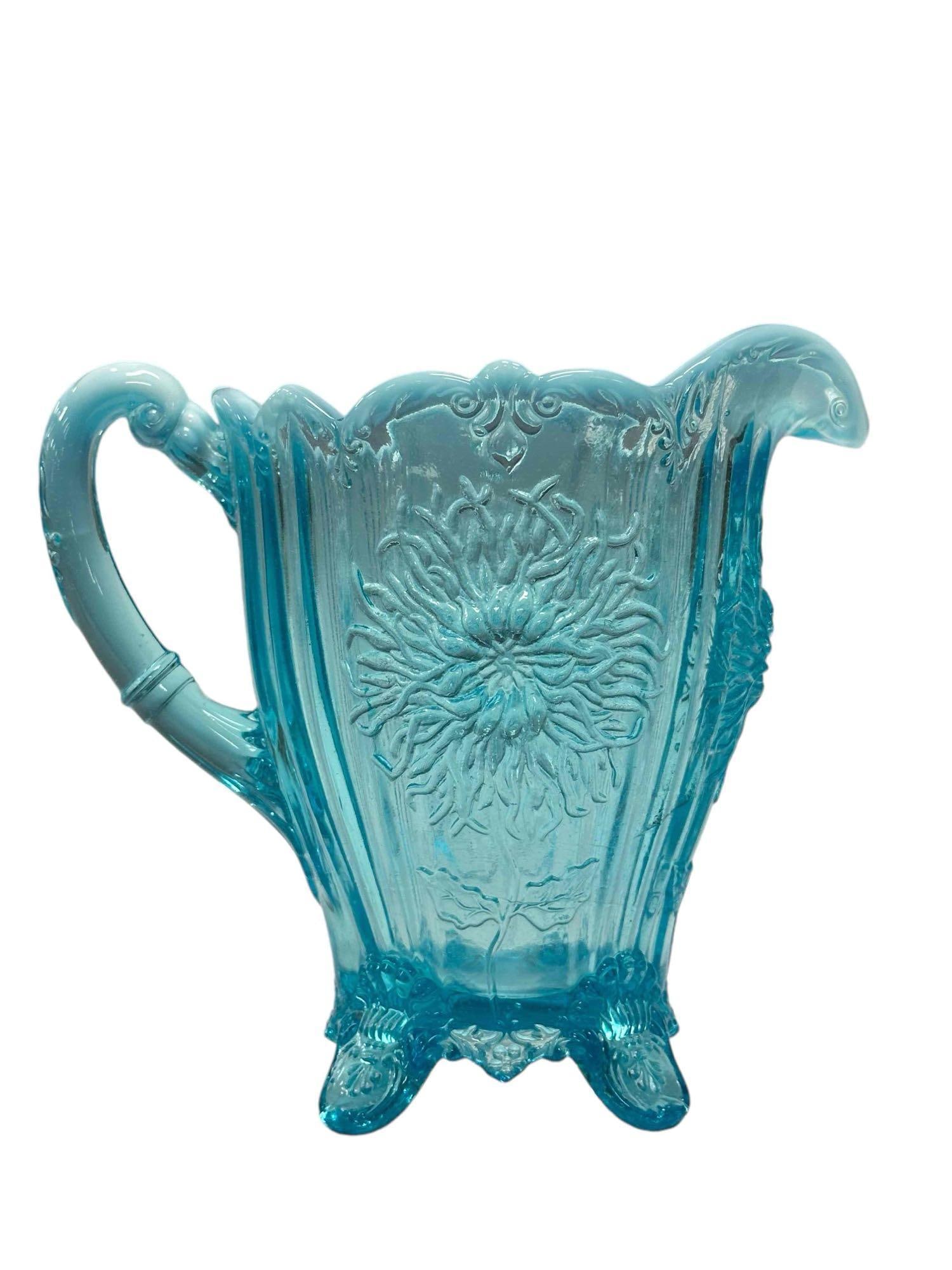Blue Opalescent Dahlia Pattern Footed Pitcher (1 of 11)