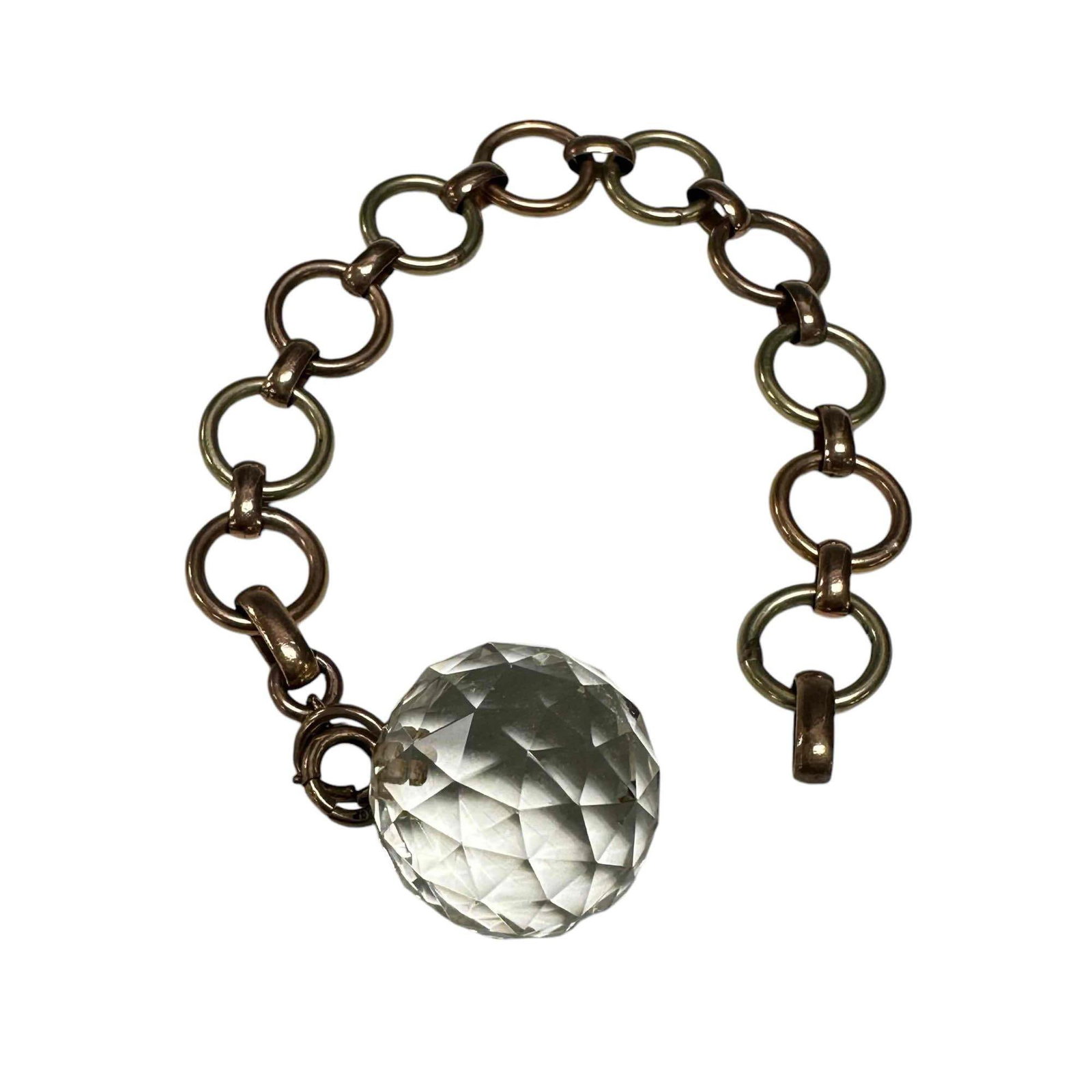 14-Karat Yellow and Rose Gold Bracelet with Crystal Charm: 14-Karat bracelet comprised with rose gold and yellow gold links with a large faceted crystal charm pendant, 22 mm, 7” long. Stamp: STER+14kt. Gross Weight: 20 dwt.