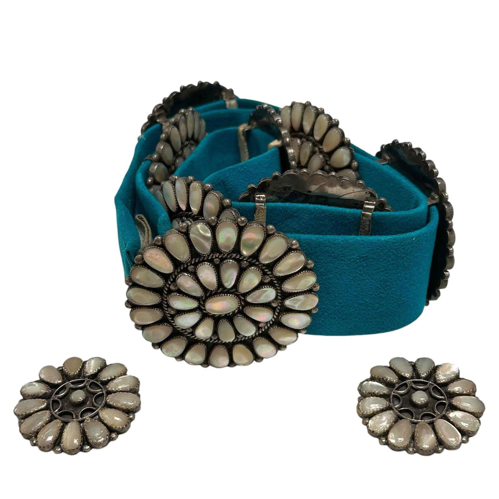 Navajo or Zuni Sterling Silver Mother-Of-Pearl Cluster Concha Belt and Earrings (1 of 18)