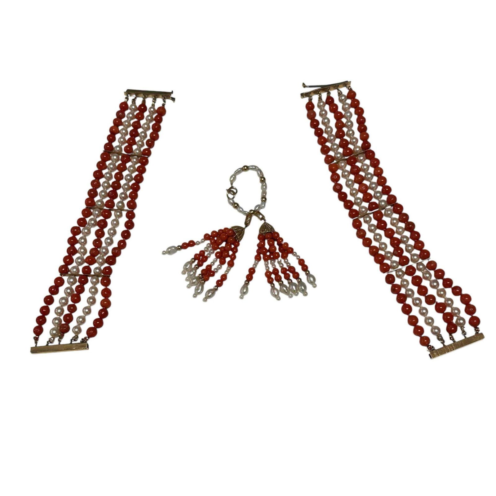 Two Coral and Cultured Pearl Wide Bead Bracelets & Freshwater Pearl Pendant (1 of 17)