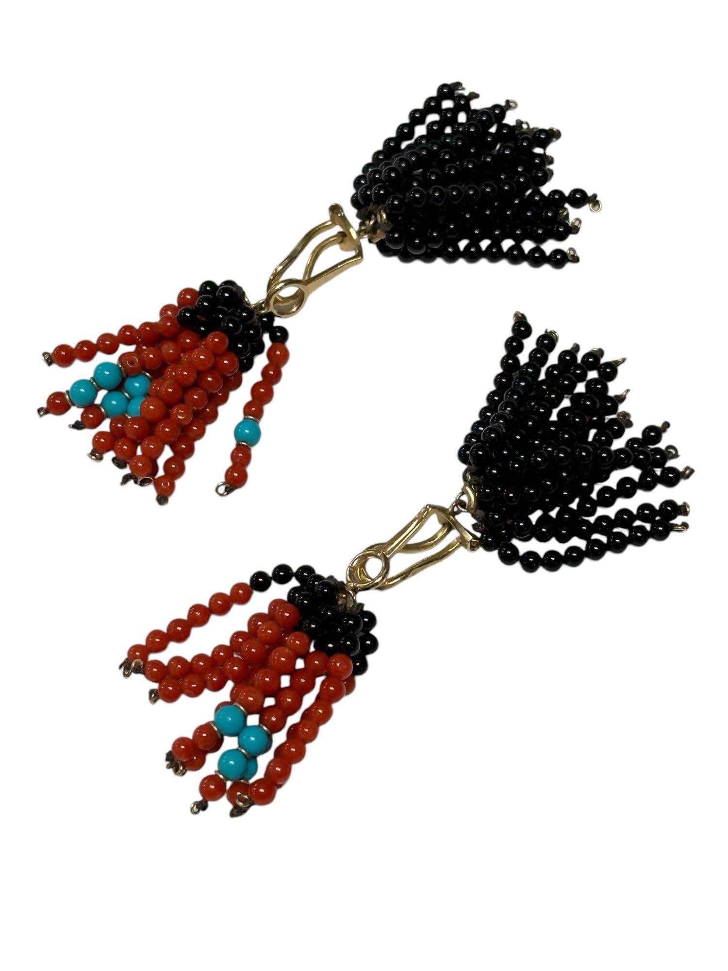 Turquoise, Onyx and Coral Bead Earrings: Turquoise, onyx and coral bead clip-on earrings. Stamp: No Markings. Gross Weight: 14.47 dwt.